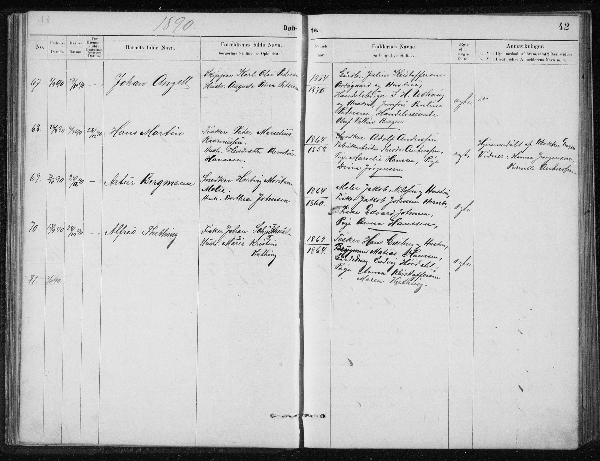 Ministerialprotokoller, klokkerbøker og fødselsregistre - Nordland, AV/SAT-A-1459/801/L0032: Parish register (copy) no. 801C07, 1889-1897, p. 42