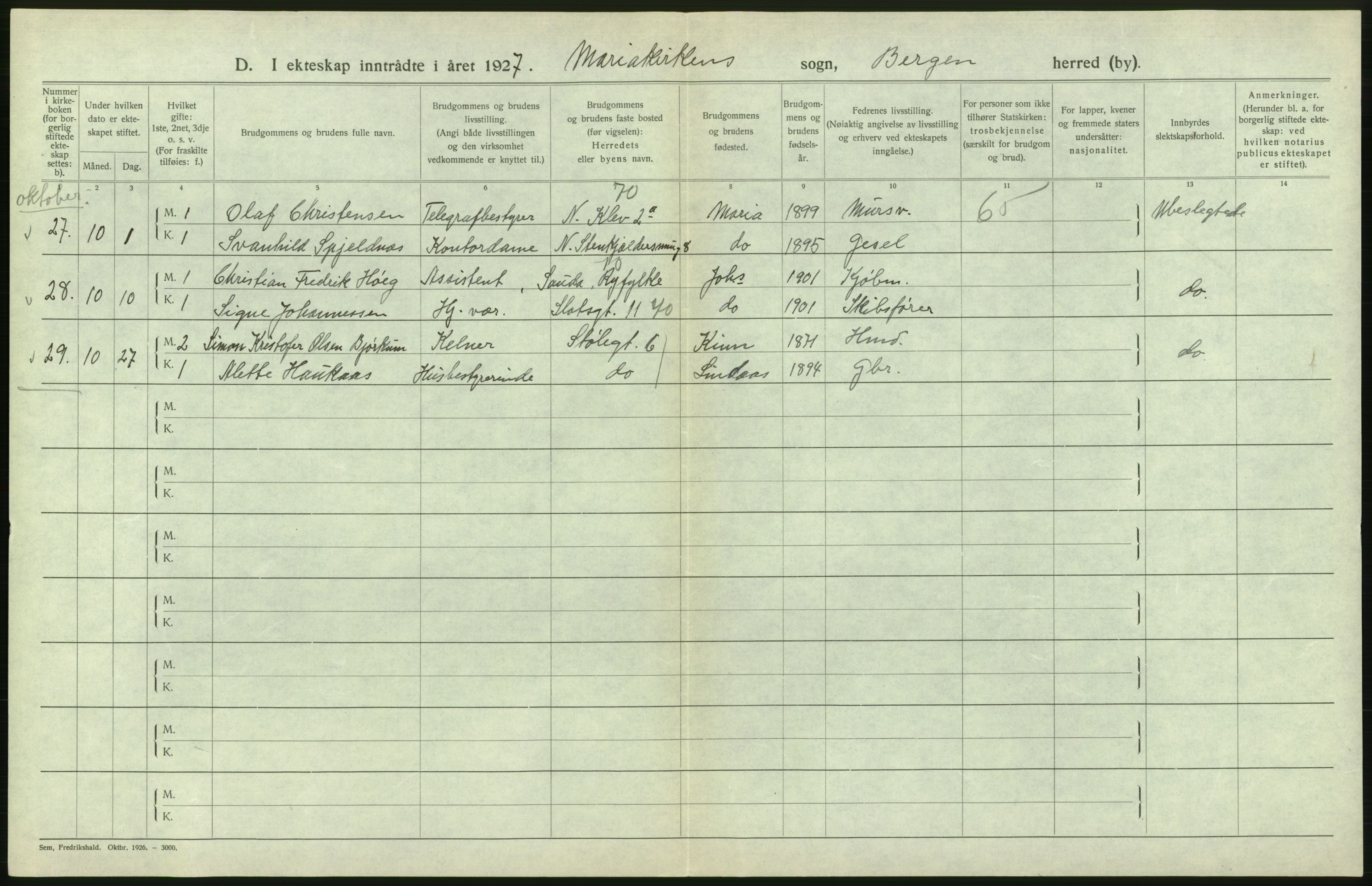 Statistisk sentralbyrå, Sosiodemografiske emner, Befolkning, AV/RA-S-2228/D/Df/Dfc/Dfcg/L0028: Bergen: Gifte, døde., 1927, p. 174