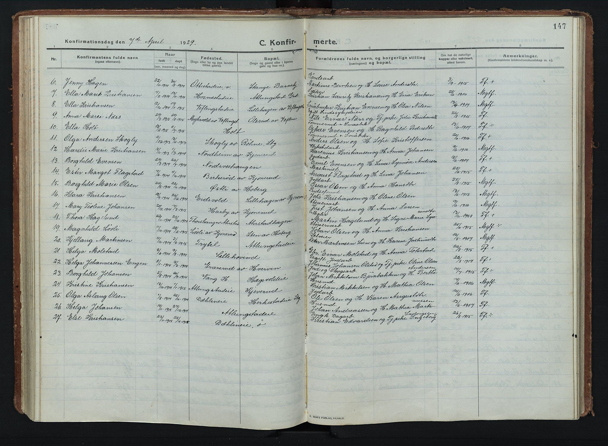 Stange prestekontor, AV/SAH-PREST-002/K/L0028: Parish register (official) no. 28, 1913-1932, p. 147