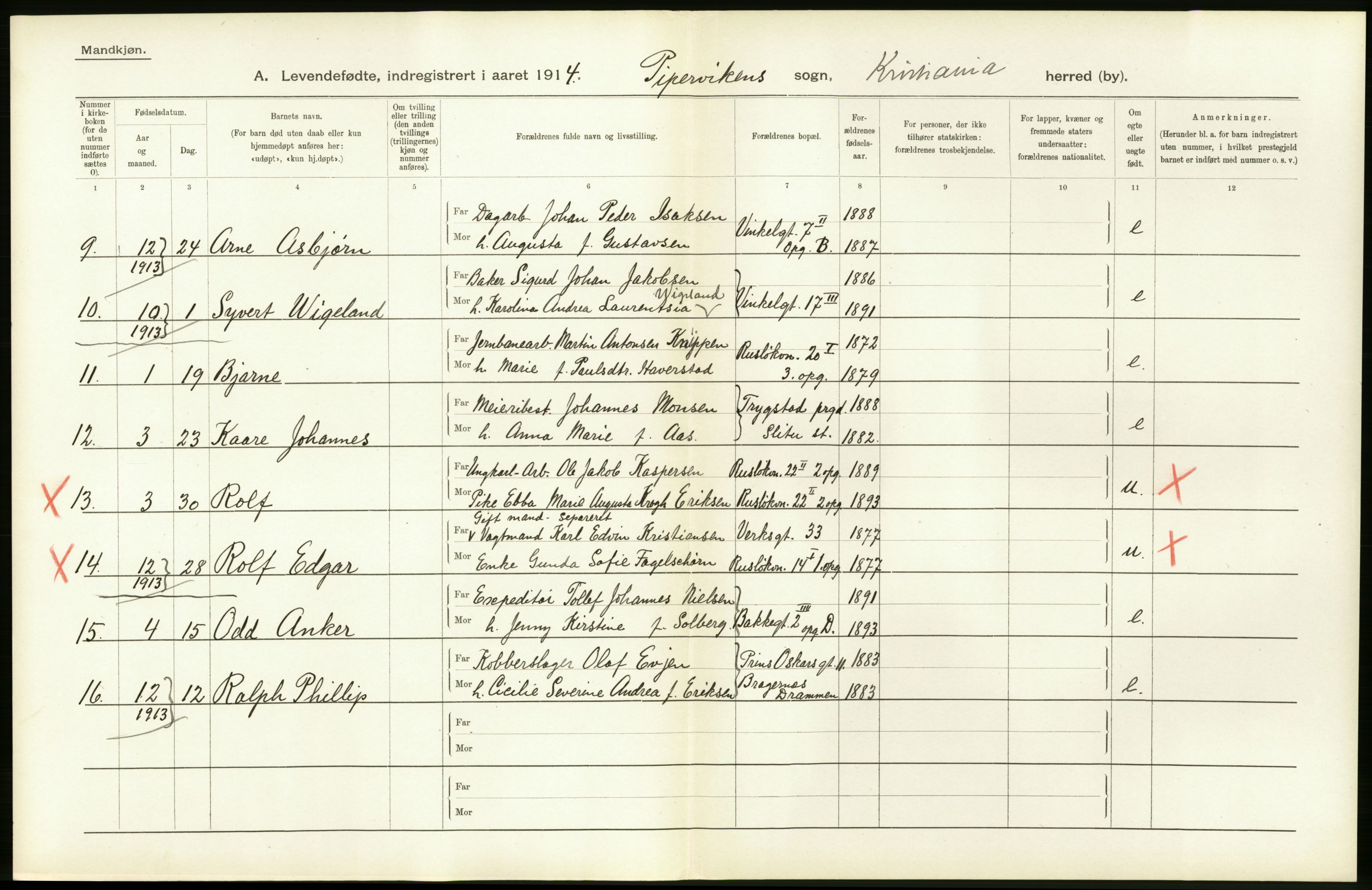 Statistisk sentralbyrå, Sosiodemografiske emner, Befolkning, AV/RA-S-2228/D/Df/Dfb/Dfbd/L0005: Kristiania: Levendefødte menn og kvinner., 1914, p. 10