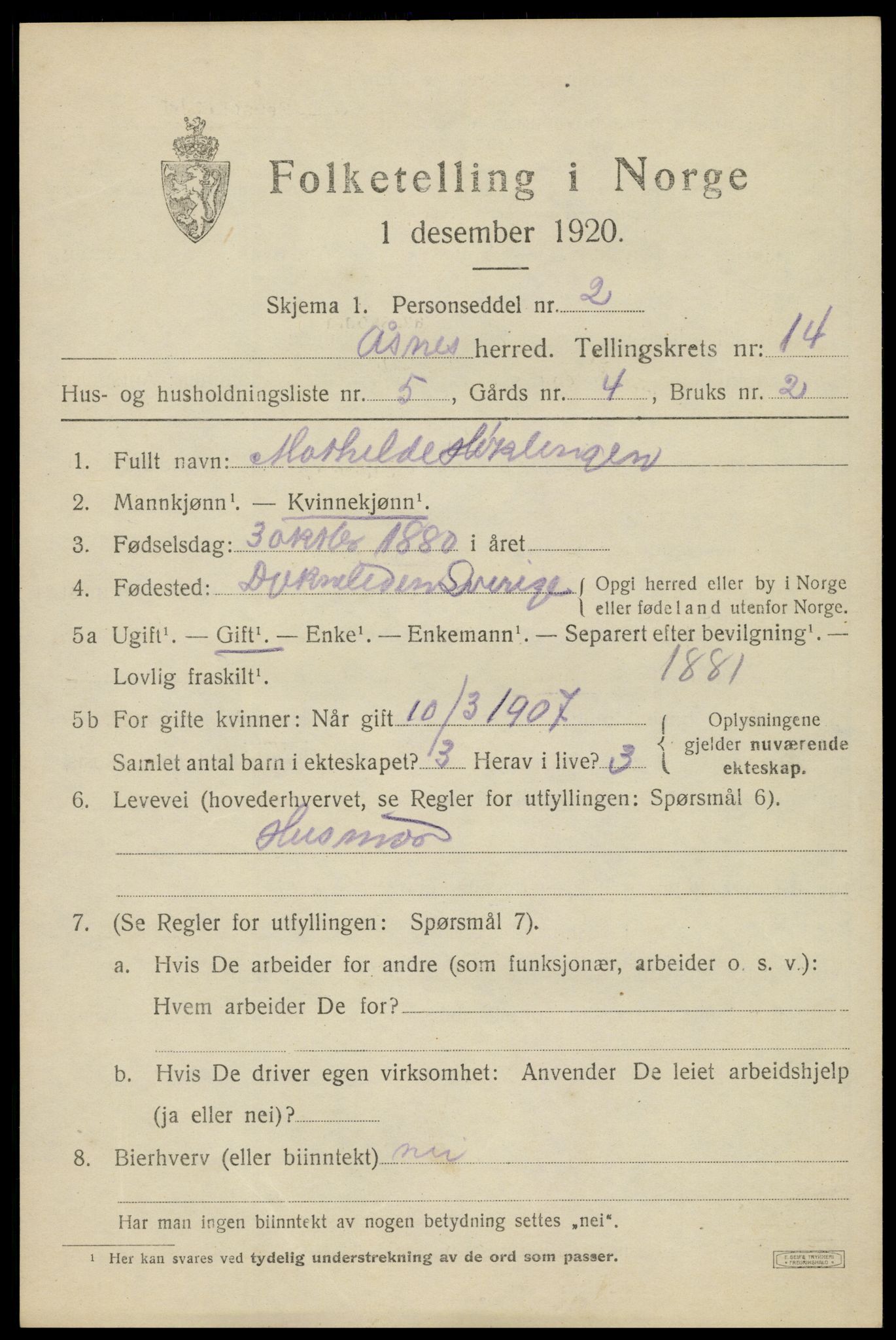 SAH, 1920 census for Åsnes, 1920, p. 13418