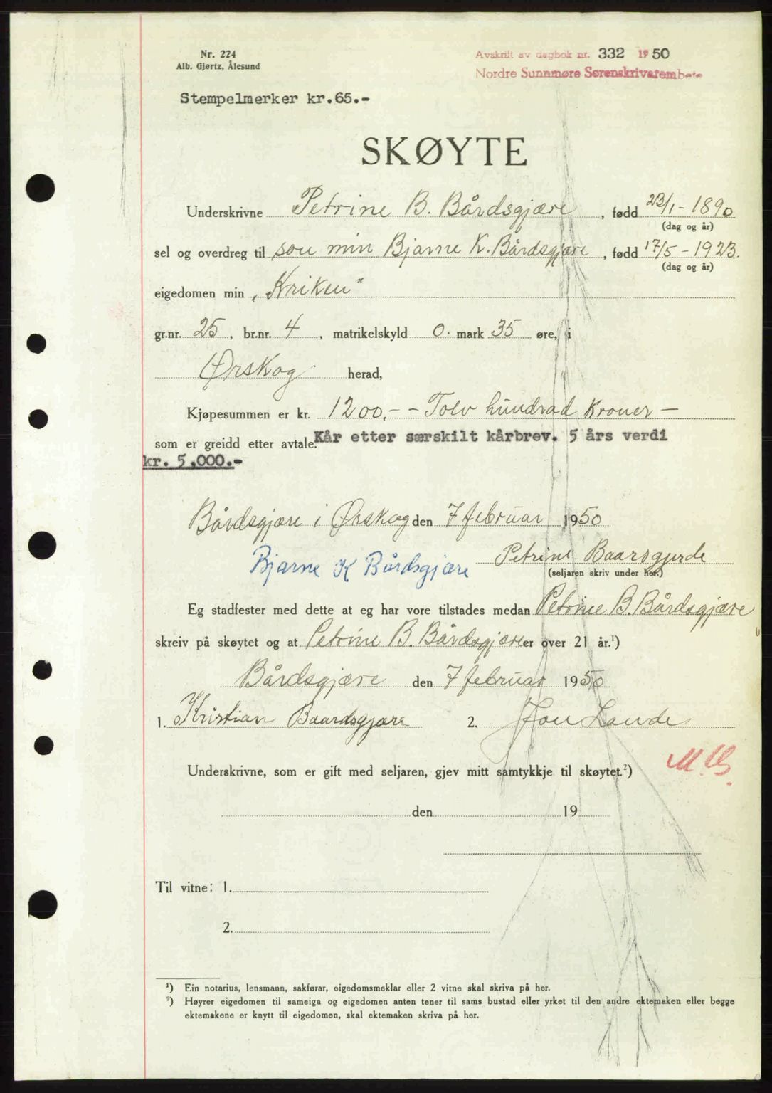 Nordre Sunnmøre sorenskriveri, AV/SAT-A-0006/1/2/2C/2Ca: Mortgage book no. A33, 1949-1950, Diary no: : 332/1950