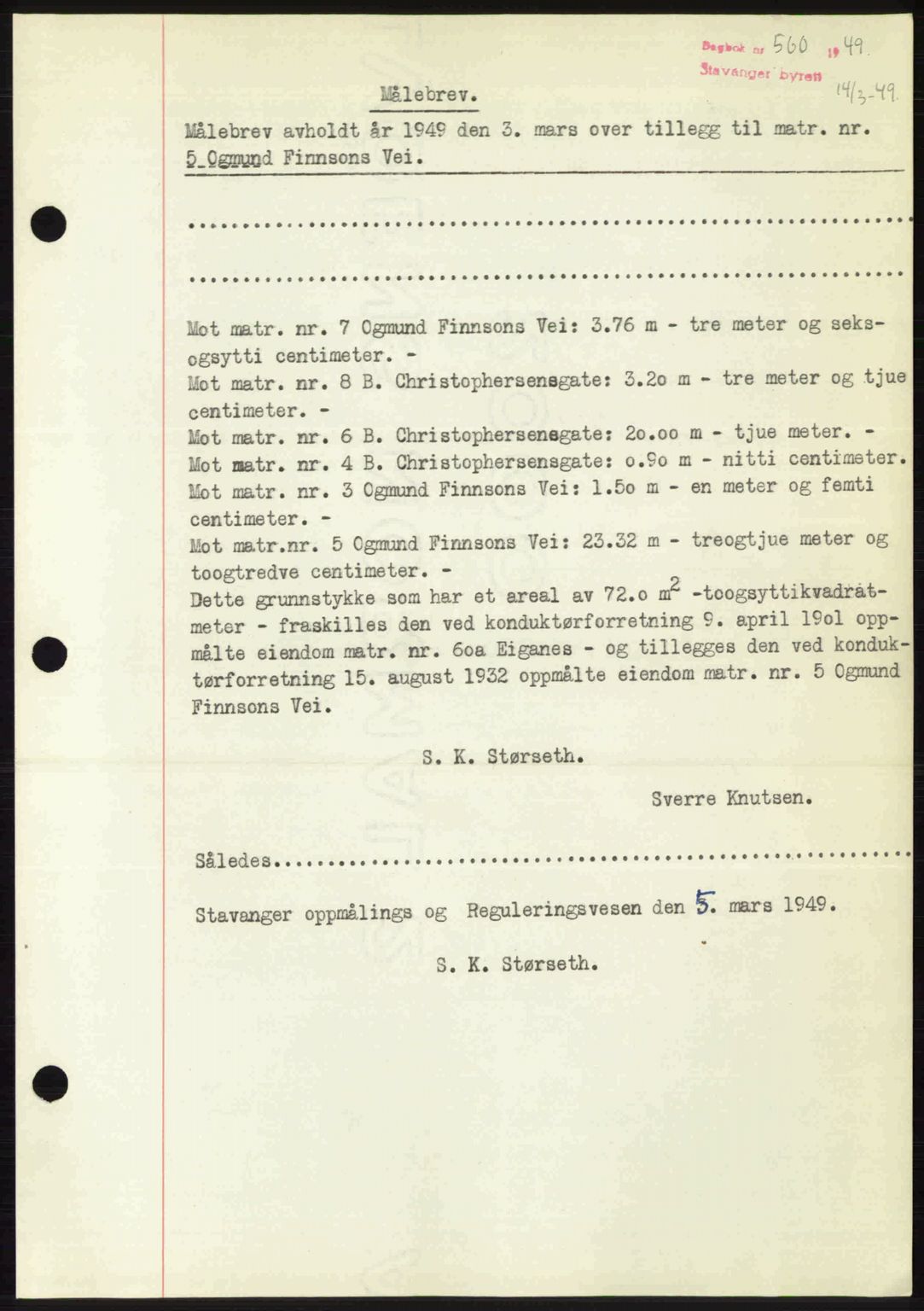 Stavanger byrett, SAST/A-100455/002/G/Gb/L0023: Mortgage book no. A12, 1948-1949, Diary no: : 560/1949