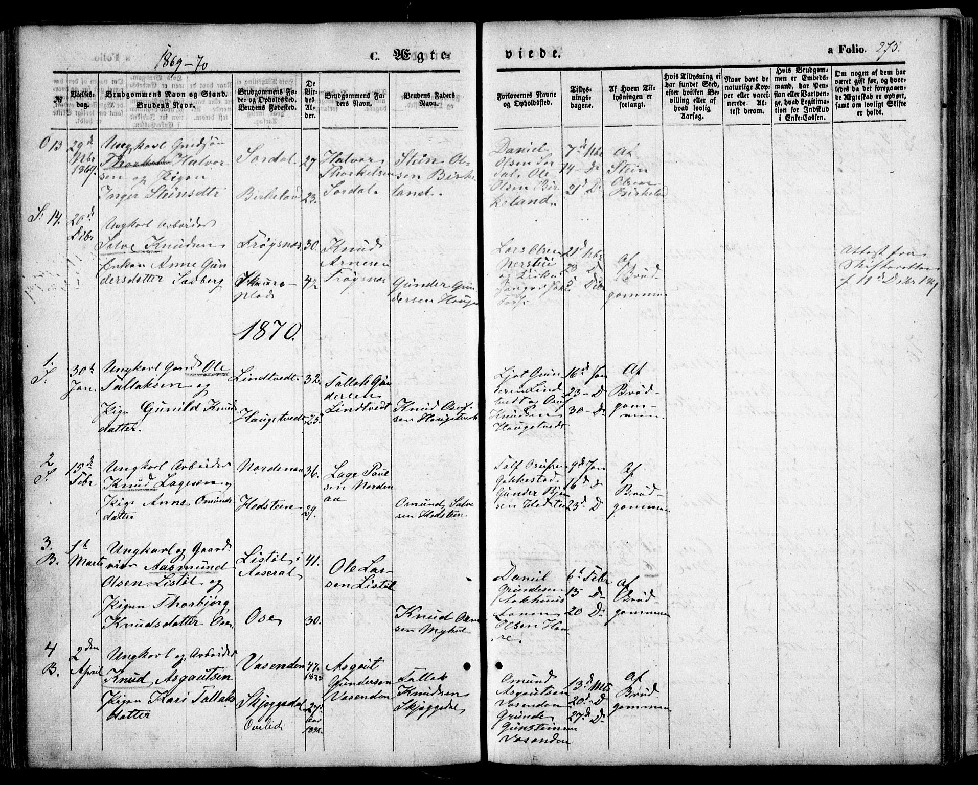 Bygland sokneprestkontor, SAK/1111-0006/F/Fa/Fab/L0005: Parish register (official) no. A 5, 1859-1873, p. 275