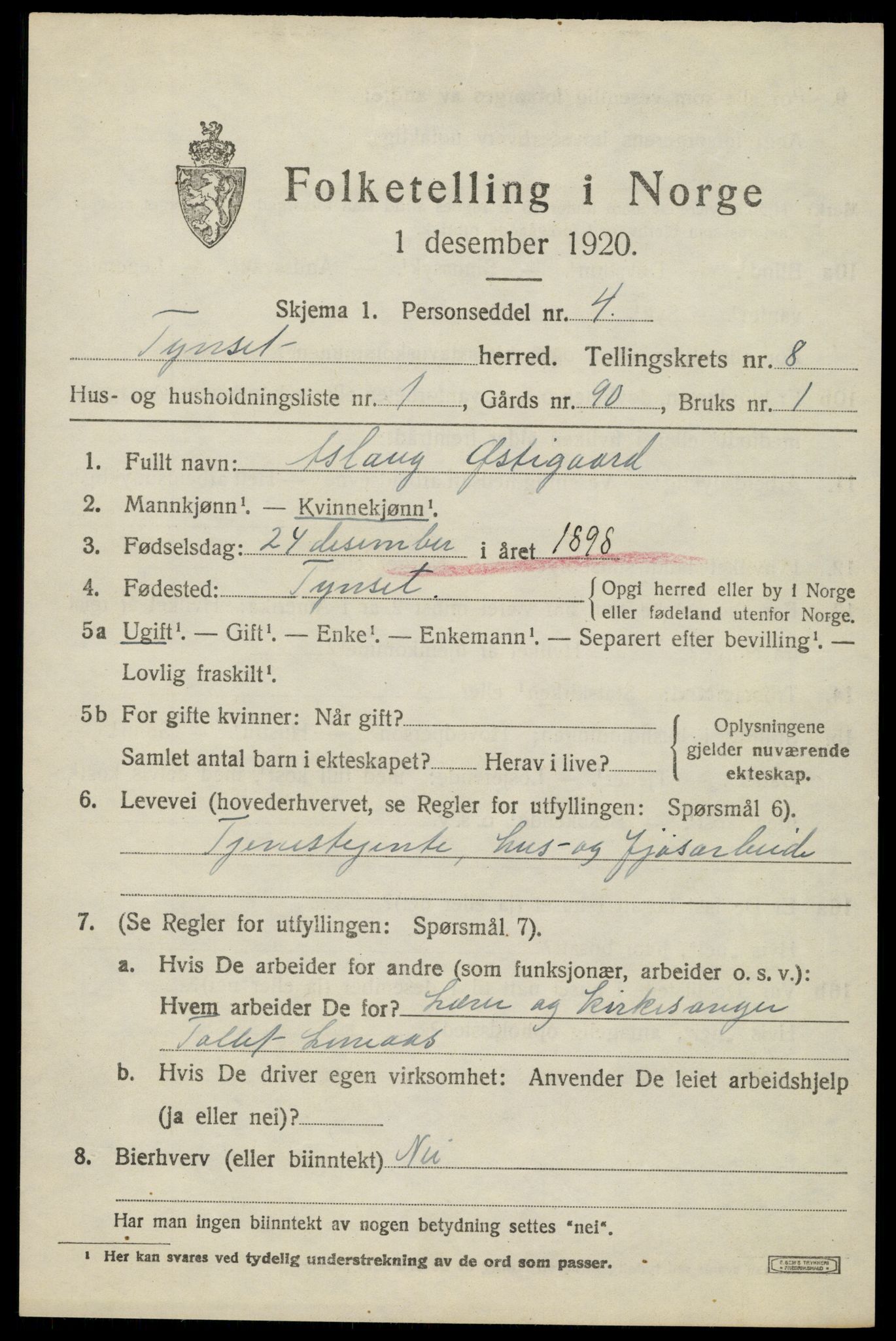 SAH, 1920 census for Tynset, 1920, p. 6550