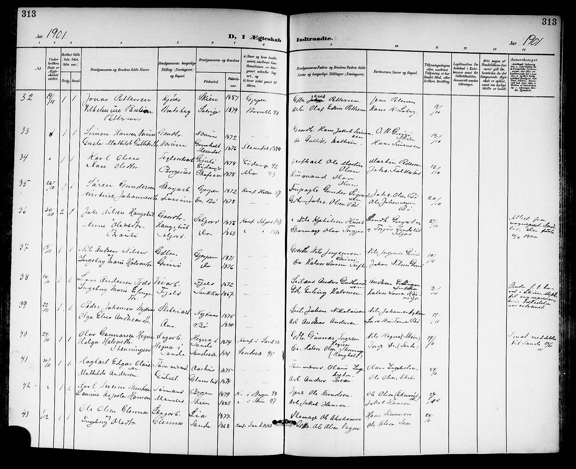 Gjerpen kirkebøker, SAKO/A-265/G/Ga/L0003: Parish register (copy) no. I 3, 1901-1919, p. 313