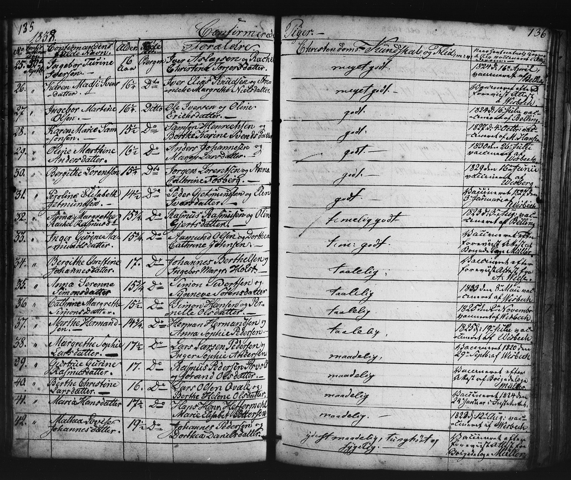 Domkirken sokneprestembete, SAB/A-74801/H/Haa/L0063: Curate's parish register no. A 1, 1821-1848, p. 135-136