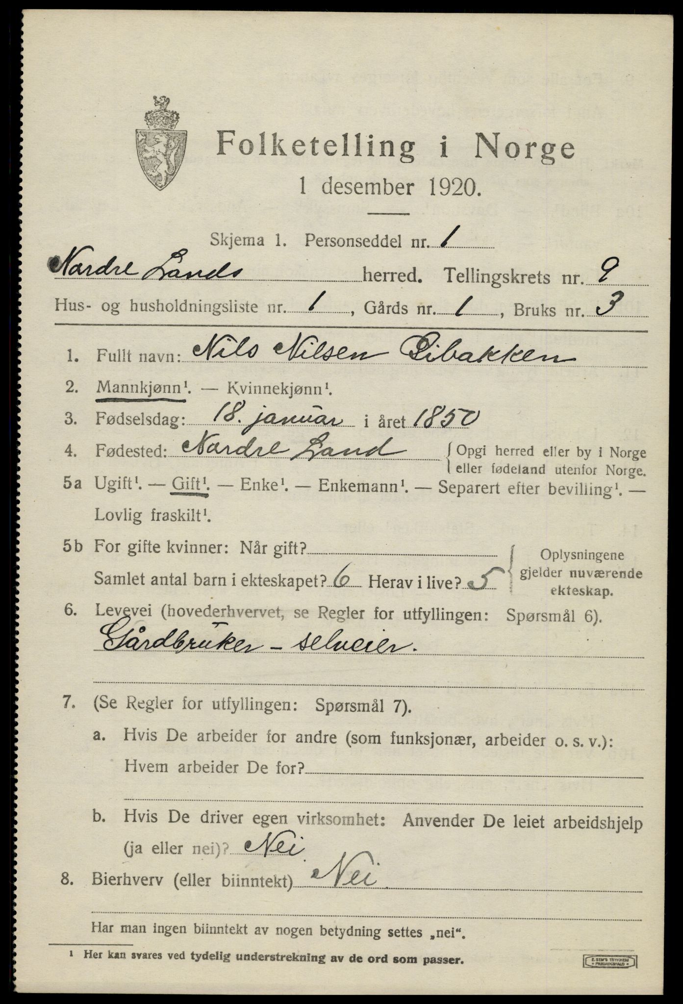 SAH, 1920 census for Nordre Land, 1920, p. 4940