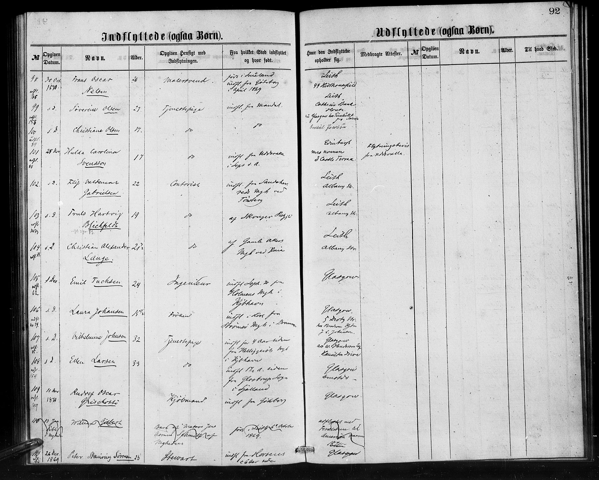 Den norske sjømannsmisjon i utlandet/Skotske havner (Leith, Glasgow), SAB/SAB/PA-0100/H/Ha/Haa/L0001: Parish register (official) no. A 1, 1865-1880, p. 92