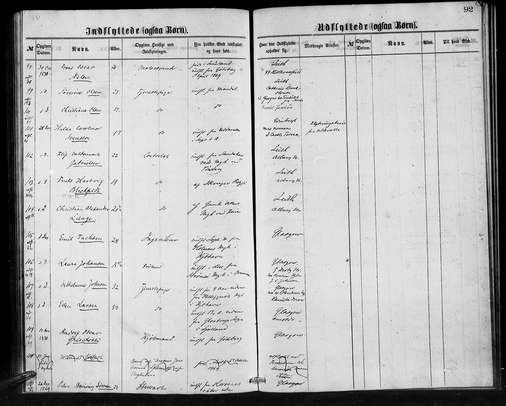 Den norske sjømannsmisjon i utlandet/Skotske havner (Leith, Glasgow), AV/SAB-SAB/PA-0100/H/Ha/Haa/L0001: Parish register (official) no. A 1, 1865-1880, p. 92