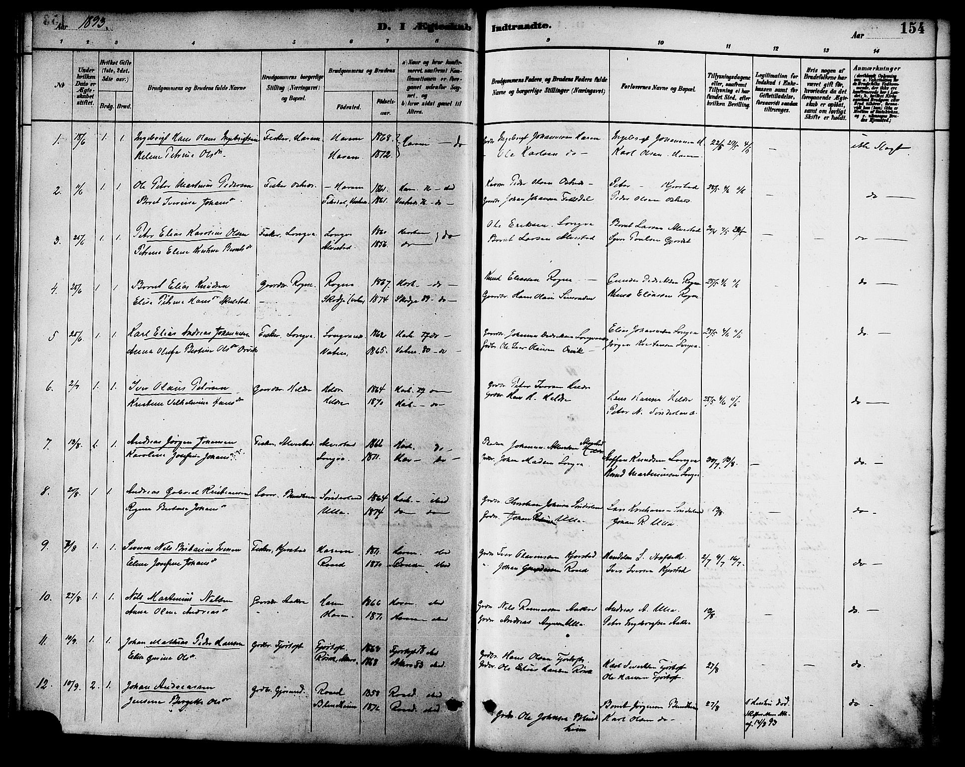 Ministerialprotokoller, klokkerbøker og fødselsregistre - Møre og Romsdal, AV/SAT-A-1454/536/L0501: Parish register (official) no. 536A10, 1884-1896, p. 154