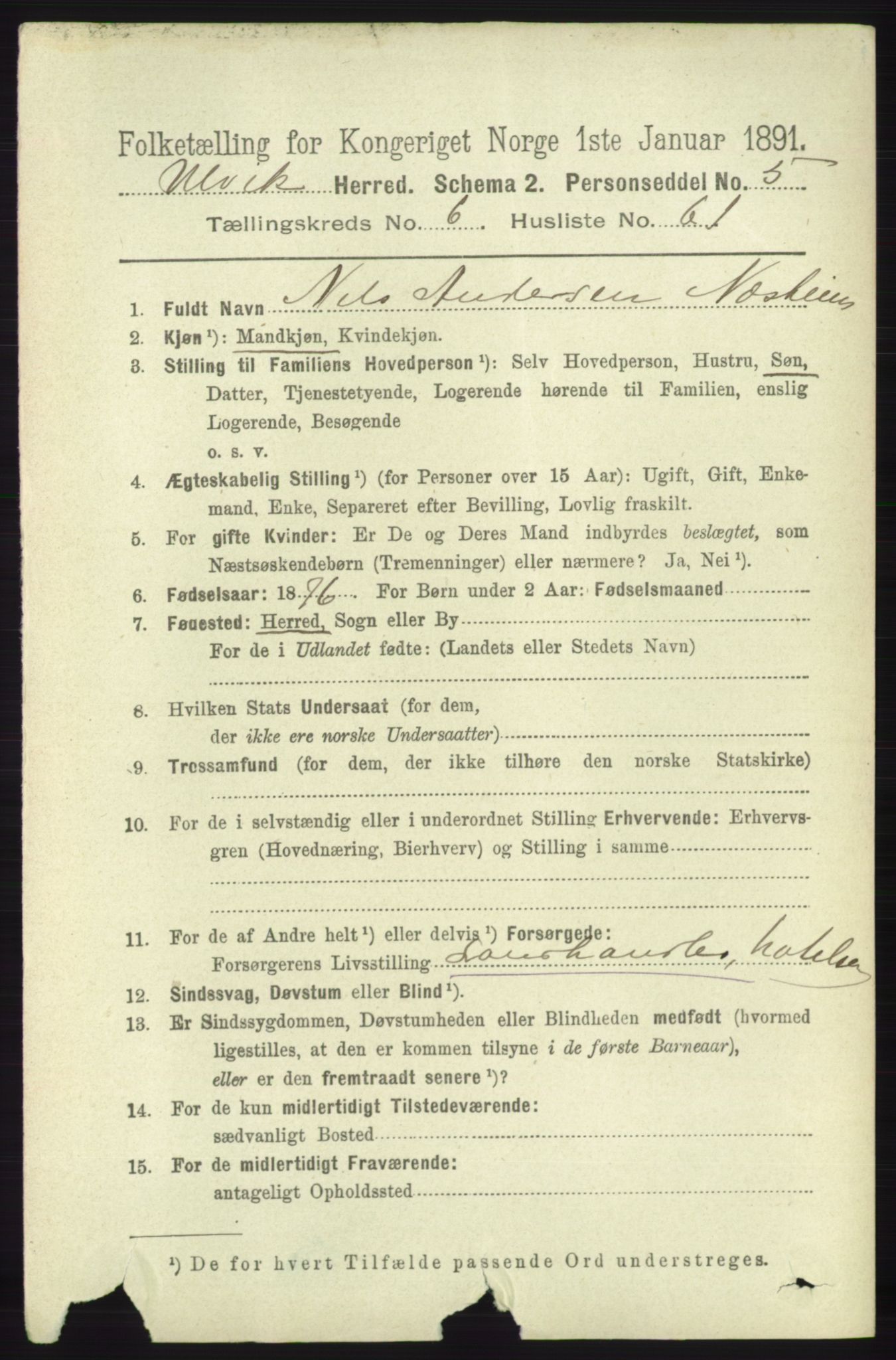 RA, 1891 census for 1233 Ulvik, 1891, p. 2222