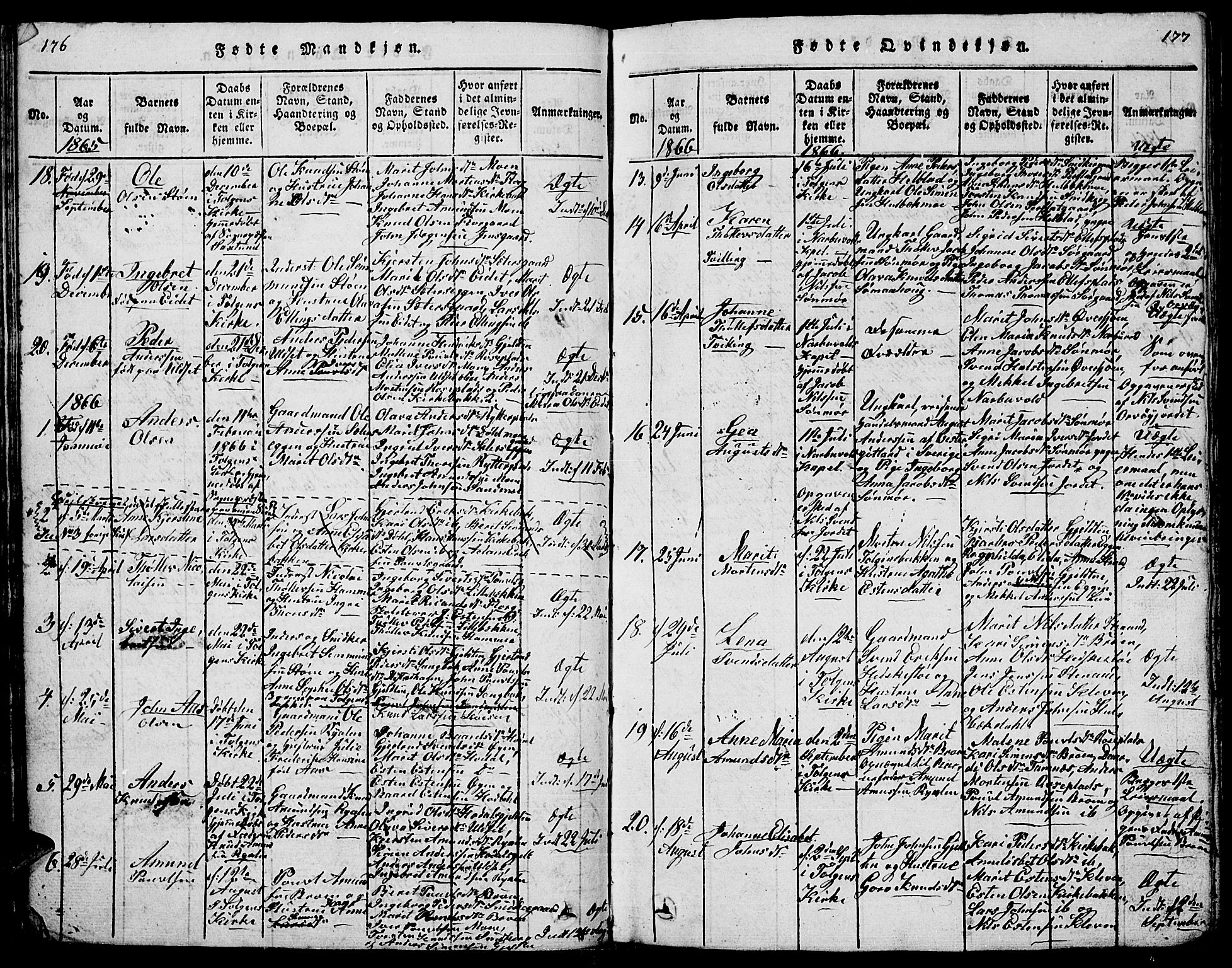 Tolga prestekontor, SAH/PREST-062/L/L0001: Parish register (copy) no. 1, 1814-1877, p. 176-177