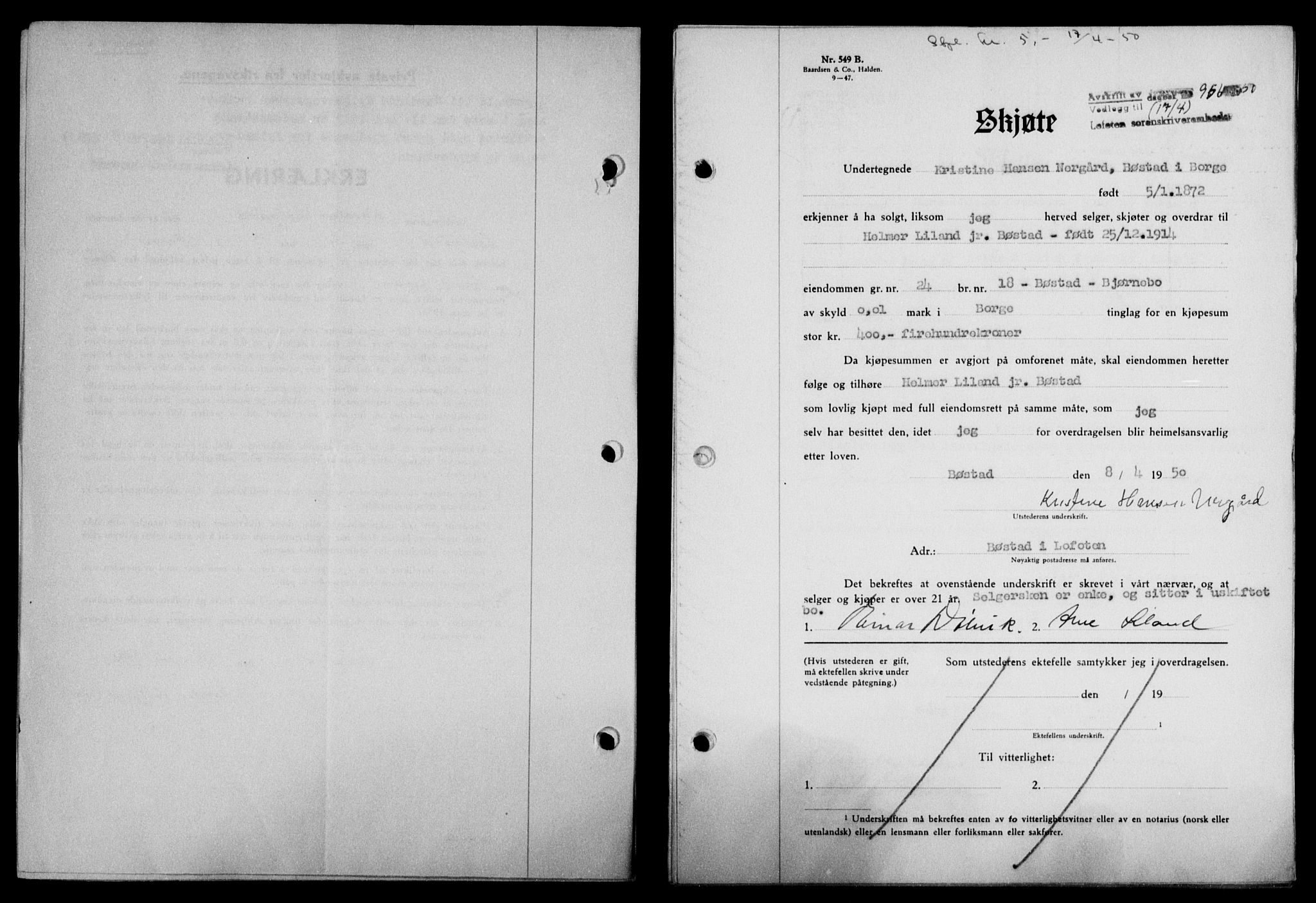 Lofoten sorenskriveri, SAT/A-0017/1/2/2C/L0023a: Mortgage book no. 23a, 1950-1950, Diary no: : 956/1950