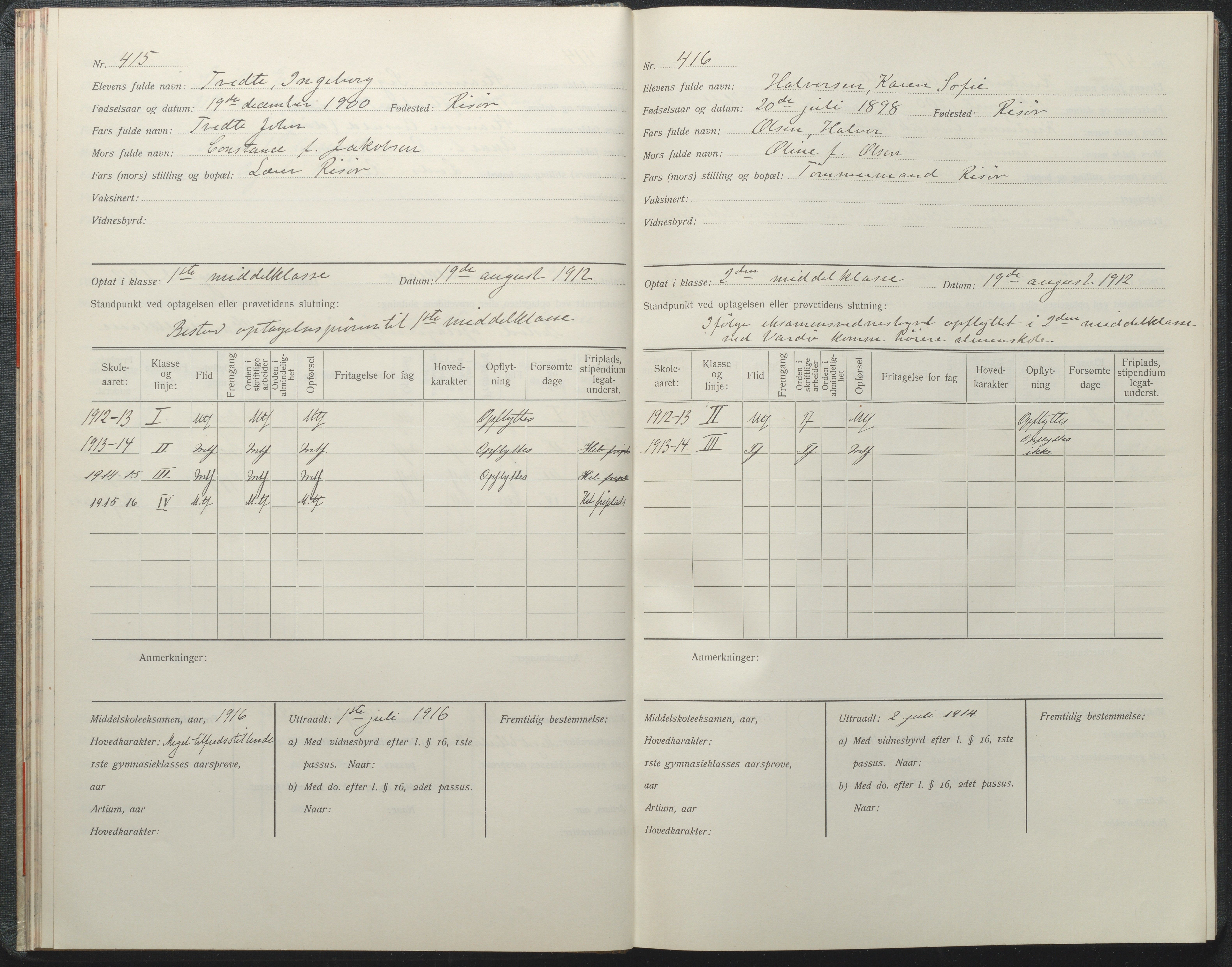 Risør kommune, AAKS/KA0901-PK/1/05/05i/L0002: Manntallsprotokoll, 1911-1925, p. 415-416