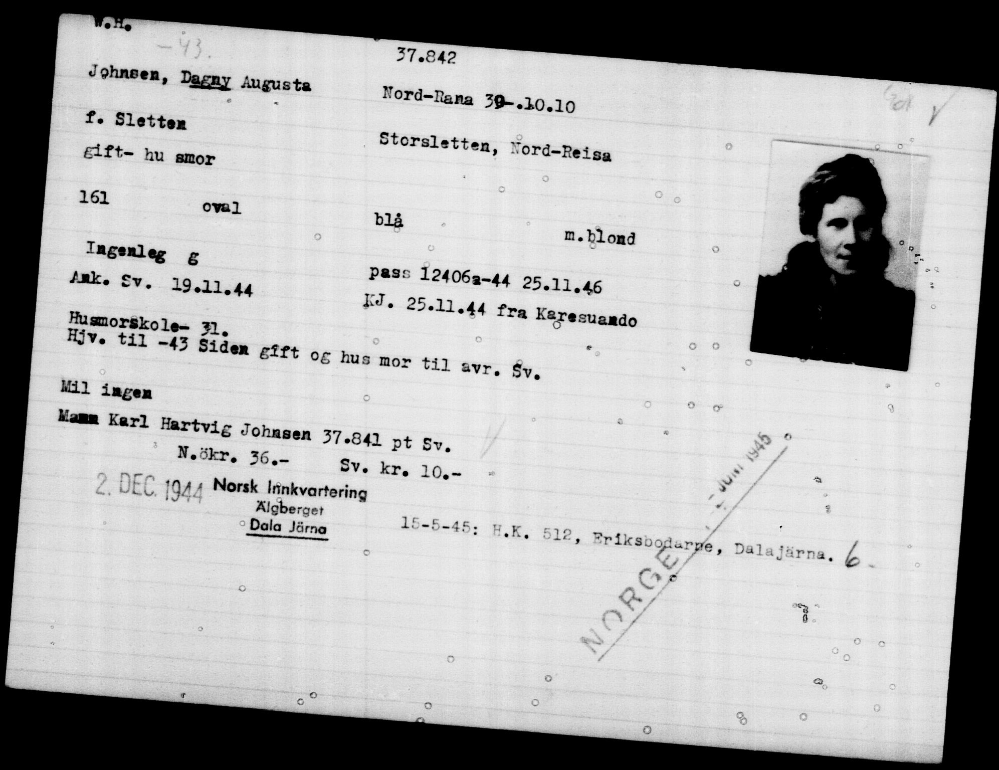 Utenriksstasjonene, Legasjonen i Stockholm, Flyktningkontoret, AV/RA-S-6753/V/Va/L0015: Kjesäterkartoteket, flyktninger med registreringsnr. 37800-40770, 1940-1945, p. 44