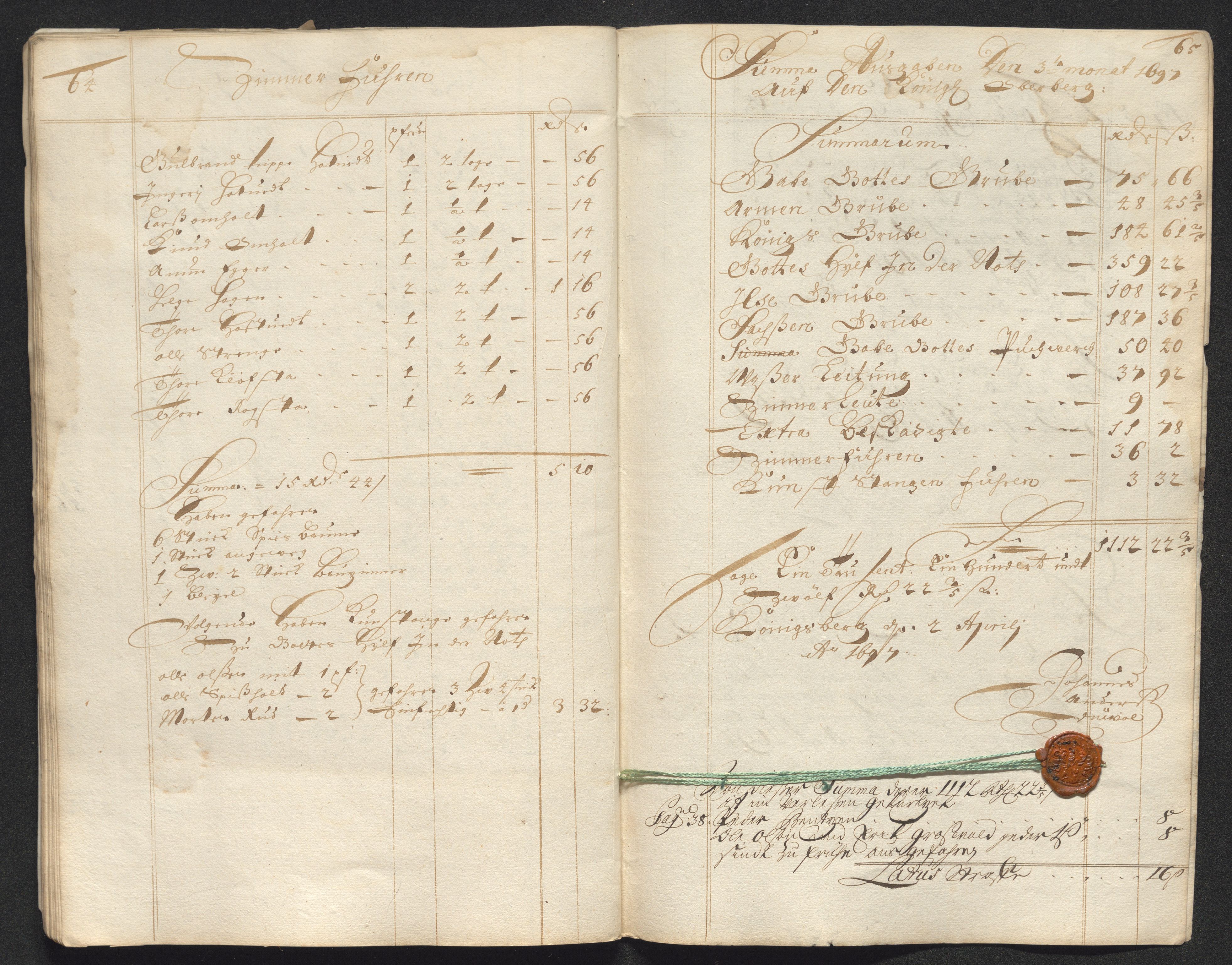 Kongsberg Sølvverk 1623-1816, AV/SAKO-EA-3135/001/D/Dc/Dcd/L0072: Utgiftsregnskap for gruver m.m., 1697, p. 213