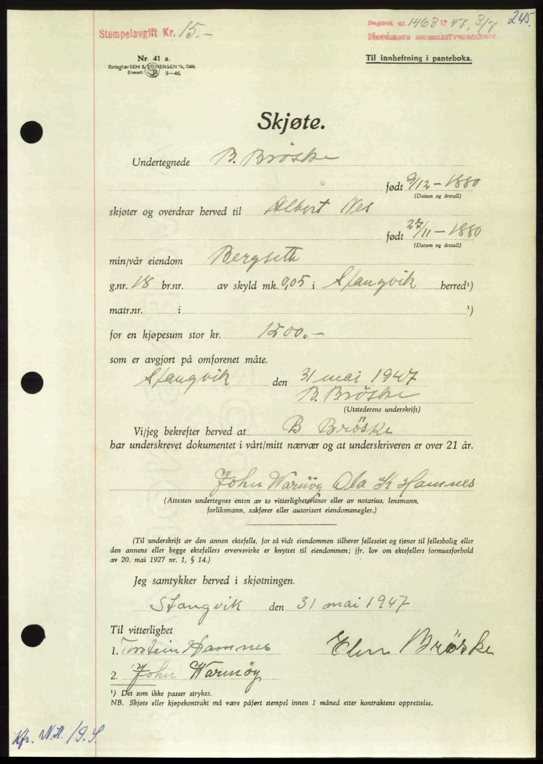 Nordmøre sorenskriveri, AV/SAT-A-4132/1/2/2Ca: Mortgage book no. A105, 1947-1947, Diary no: : 1463/1947