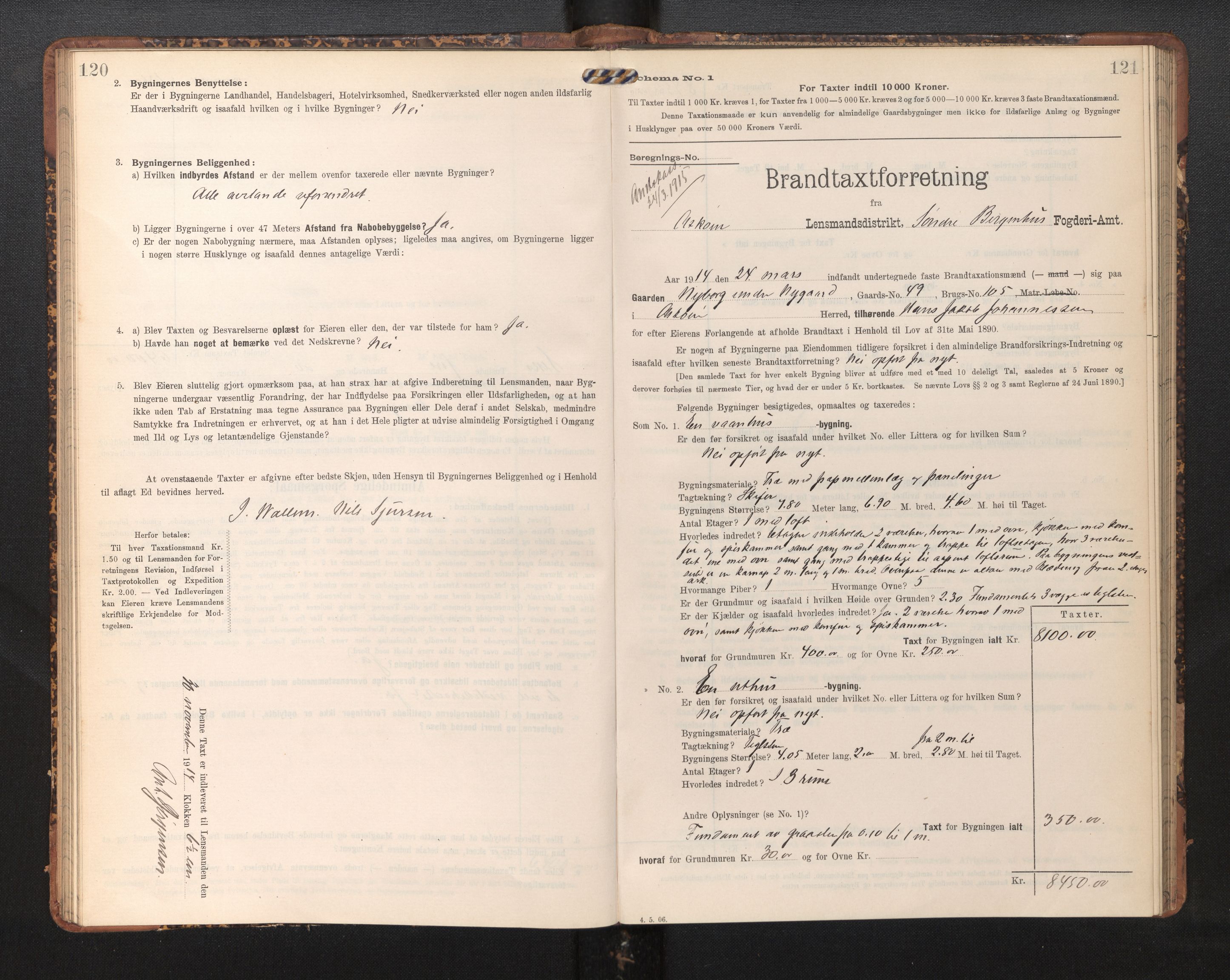 Lensmannen i Askøy, AV/SAB-A-31001/0012/L0006: Branntakstprotokoll, skjematakst, Laksevåg, 1907-1917, p. 120-121