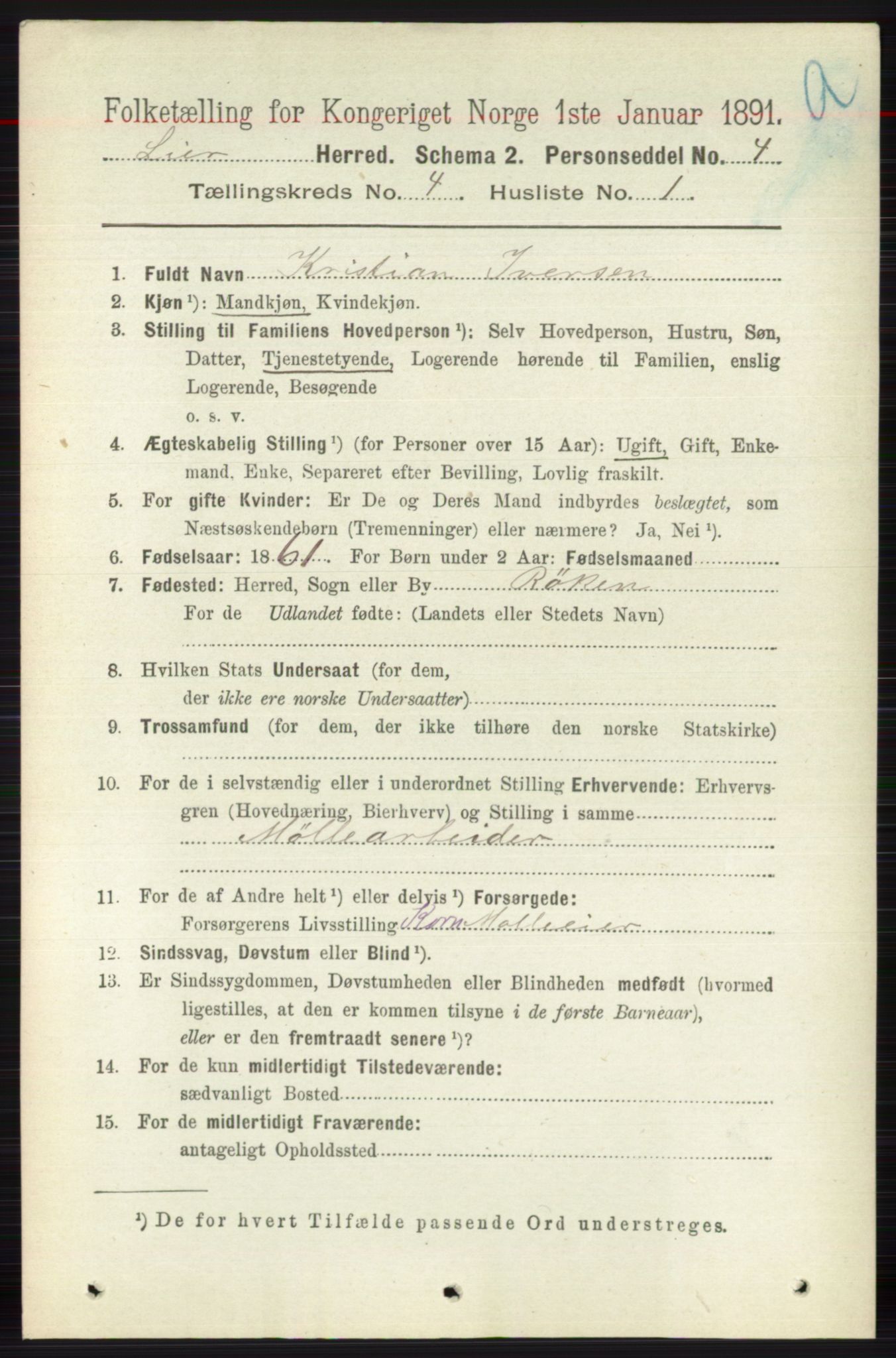 RA, 1891 census for 0626 Lier, 1891, p. 2872