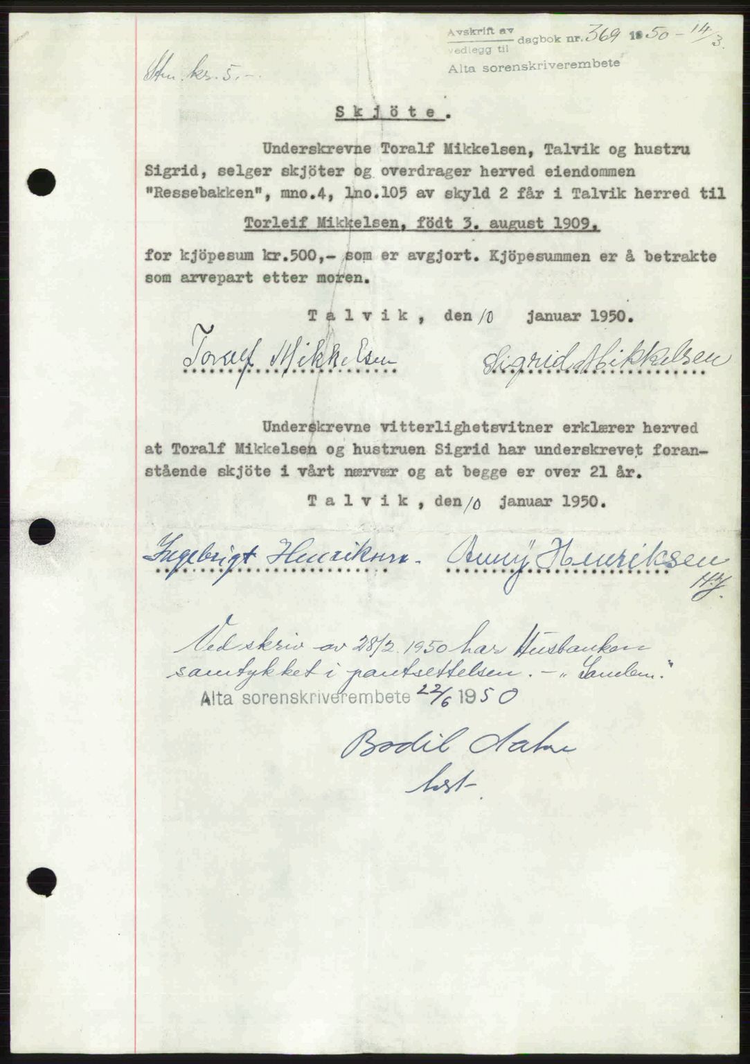 Alta fogderi/sorenskriveri, SATØ/SATØ-5/1/K/Kd/L0038pantebok: Mortgage book no. 41-42, 1949-1950, Diary no: : 369/1950