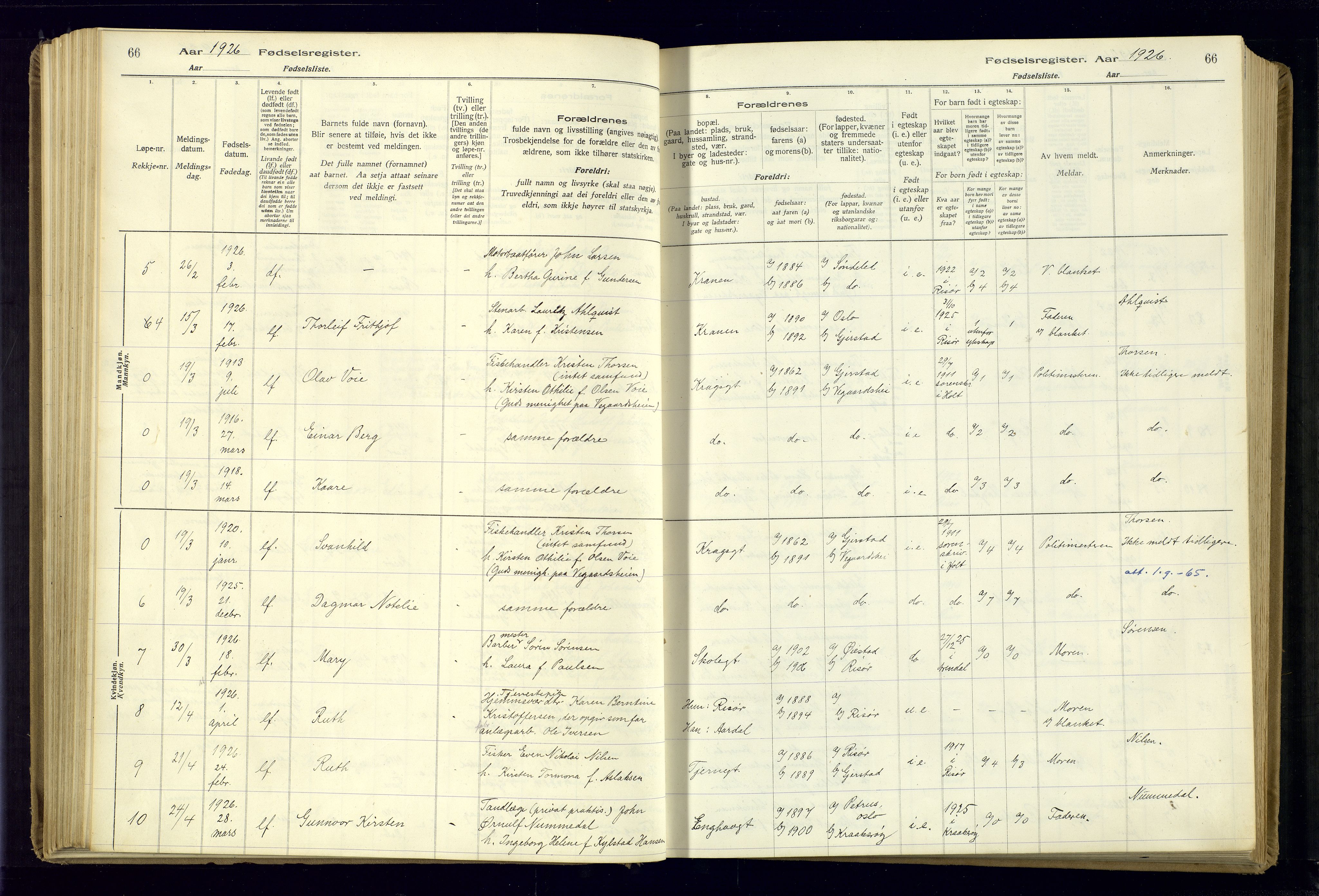 Risør sokneprestkontor, SAK/1111-0035/J/Ja/L0001: Birth register no. A-VI-13, 1916-1947, p. 66