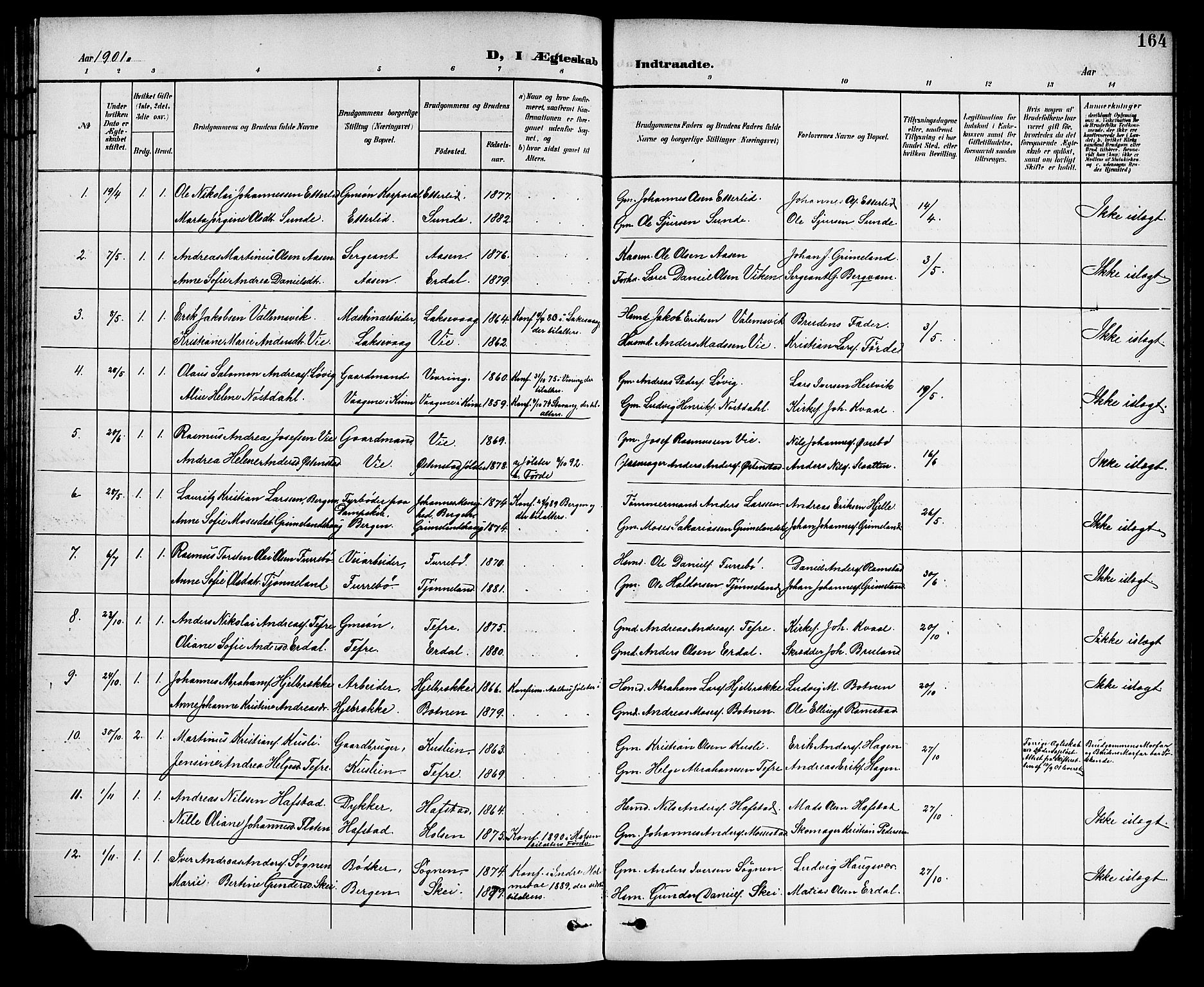 Førde sokneprestembete, SAB/A-79901/H/Hab/Haba/L0003: Parish register (copy) no. A 3, 1899-1924, p. 164