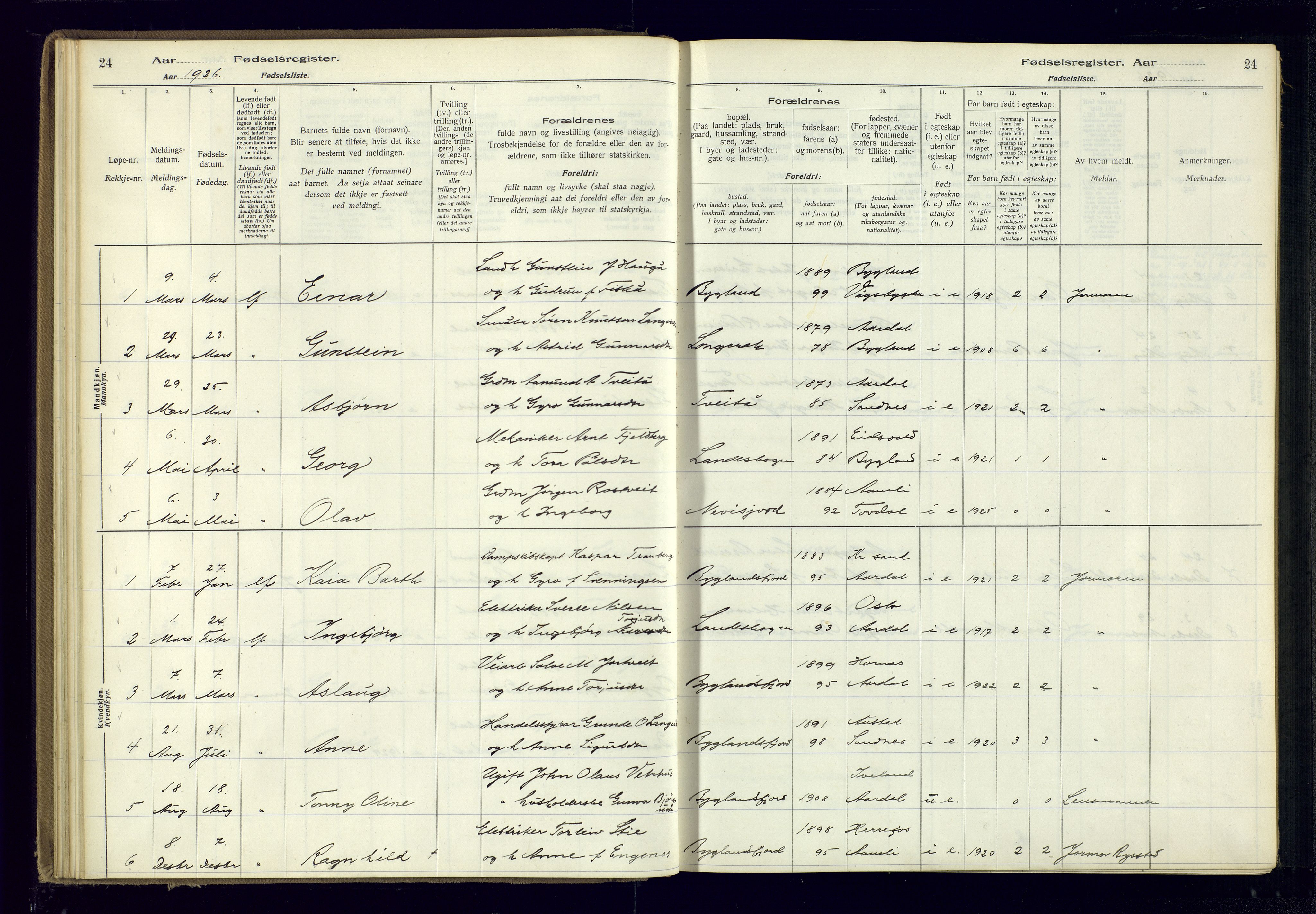 Bygland sokneprestkontor, AV/SAK-1111-0006/J/Ja/L0004: Birth register no. II.4.5, 1916-1983, p. 24