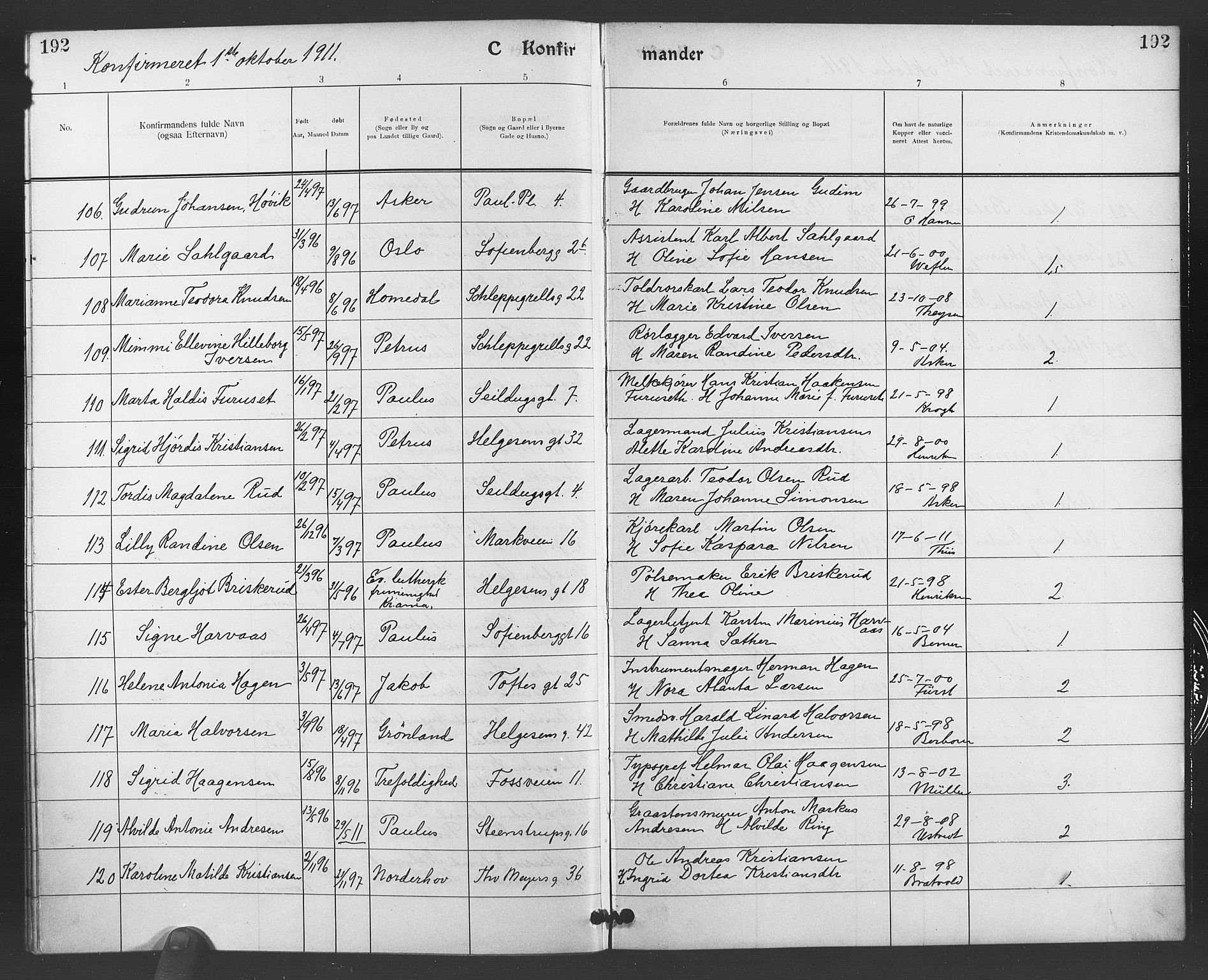 Paulus prestekontor Kirkebøker, AV/SAO-A-10871/F/Fa/L0008: Parish register (official) no. 8, 1904-1912, p. 192