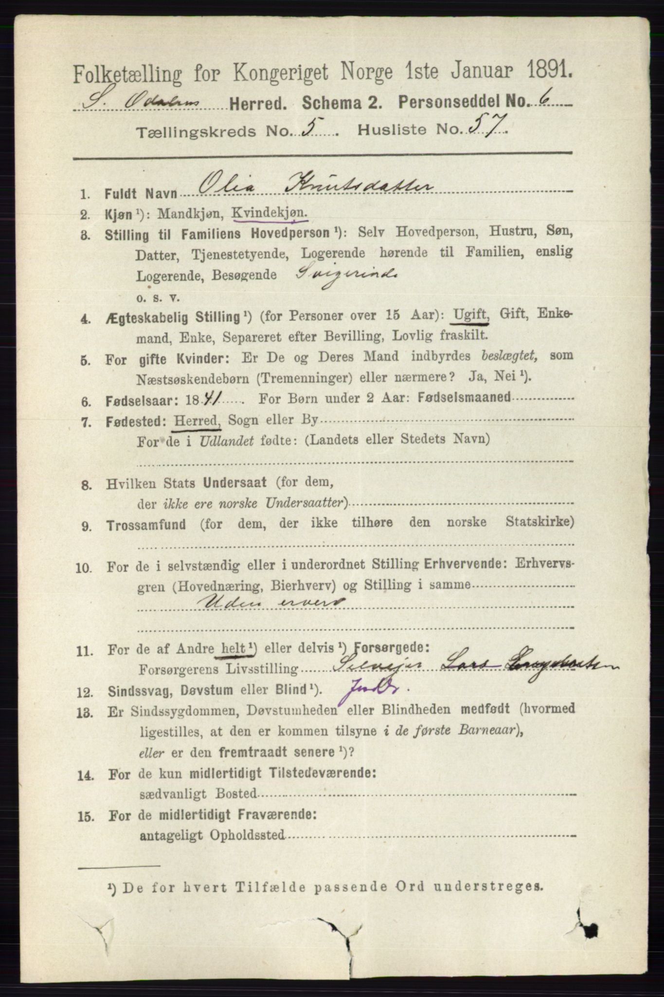 RA, 1891 census for 0419 Sør-Odal, 1891, p. 2683