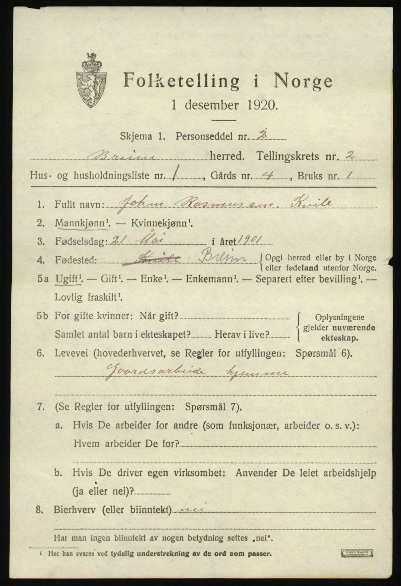 SAB, 1920 census for Breim, 1920, p. 807