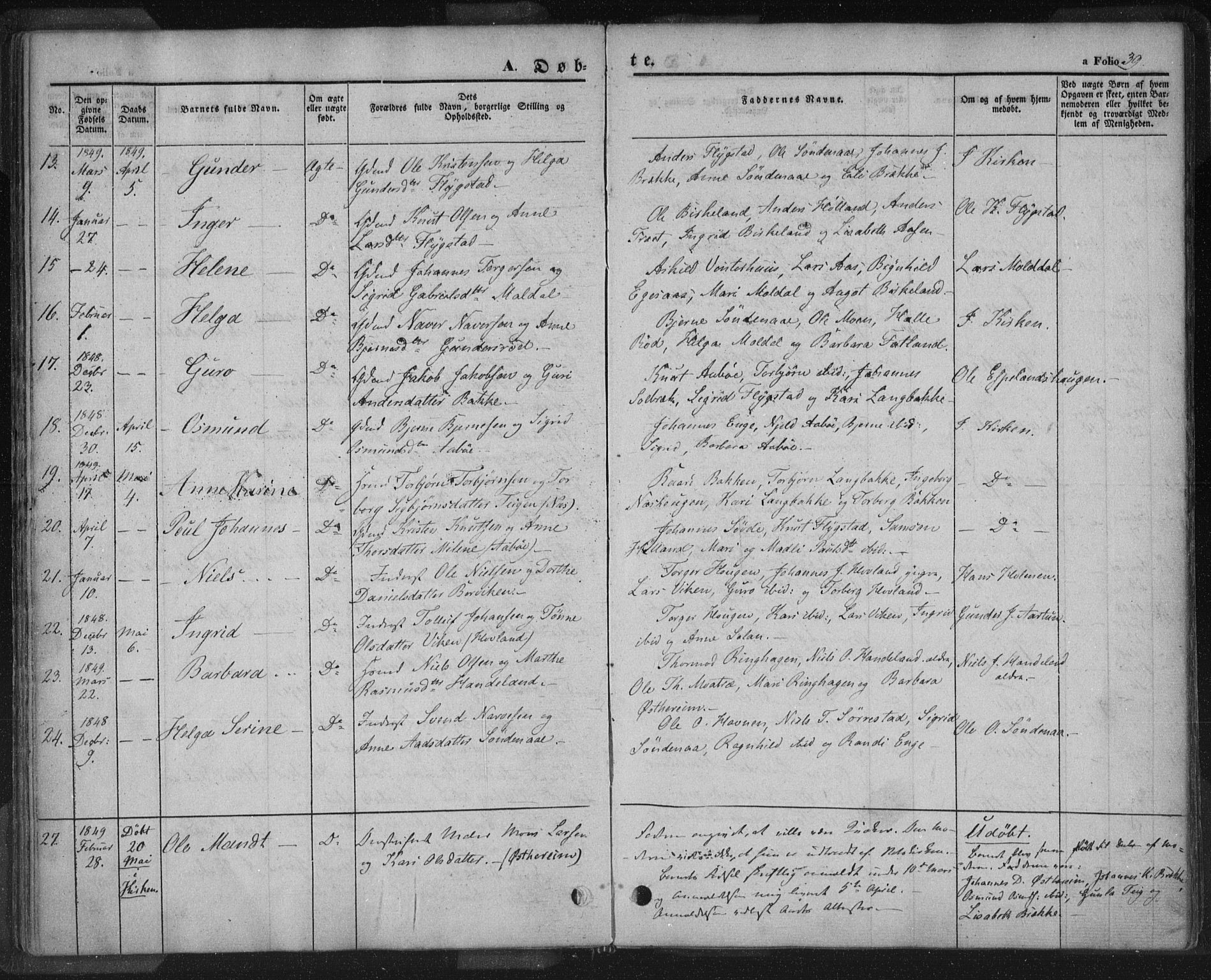 Sand sokneprestkontor, AV/SAST-A-101848/01/III/L0002: Parish register (official) no. A 2, 1838-1859, p. 39