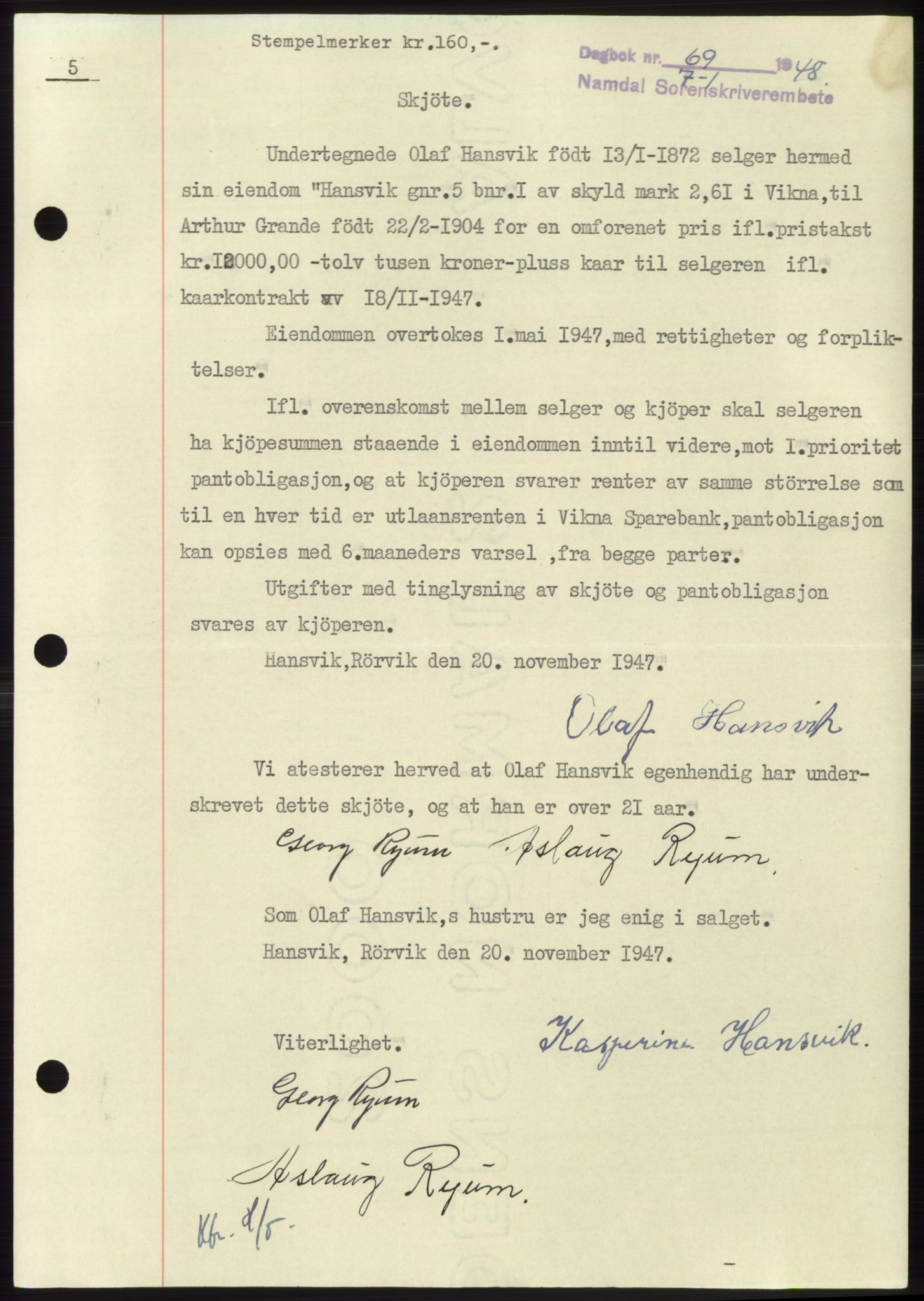 Namdal sorenskriveri, SAT/A-4133/1/2/2C: Mortgage book no. -, 1947-1948, Diary no: : 69/1948