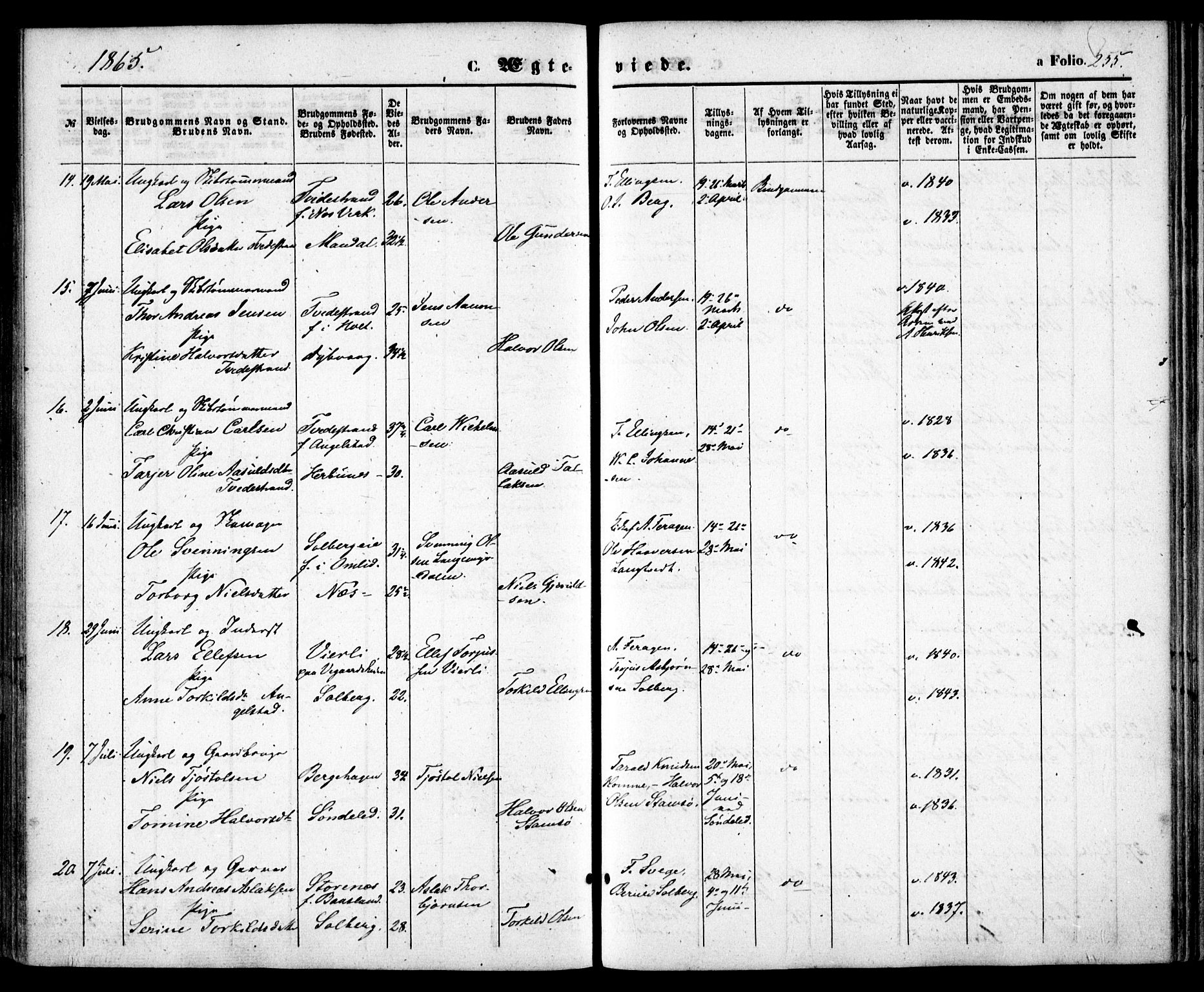 Holt sokneprestkontor, AV/SAK-1111-0021/F/Fa/L0009: Parish register (official) no. A 9, 1861-1871, p. 255