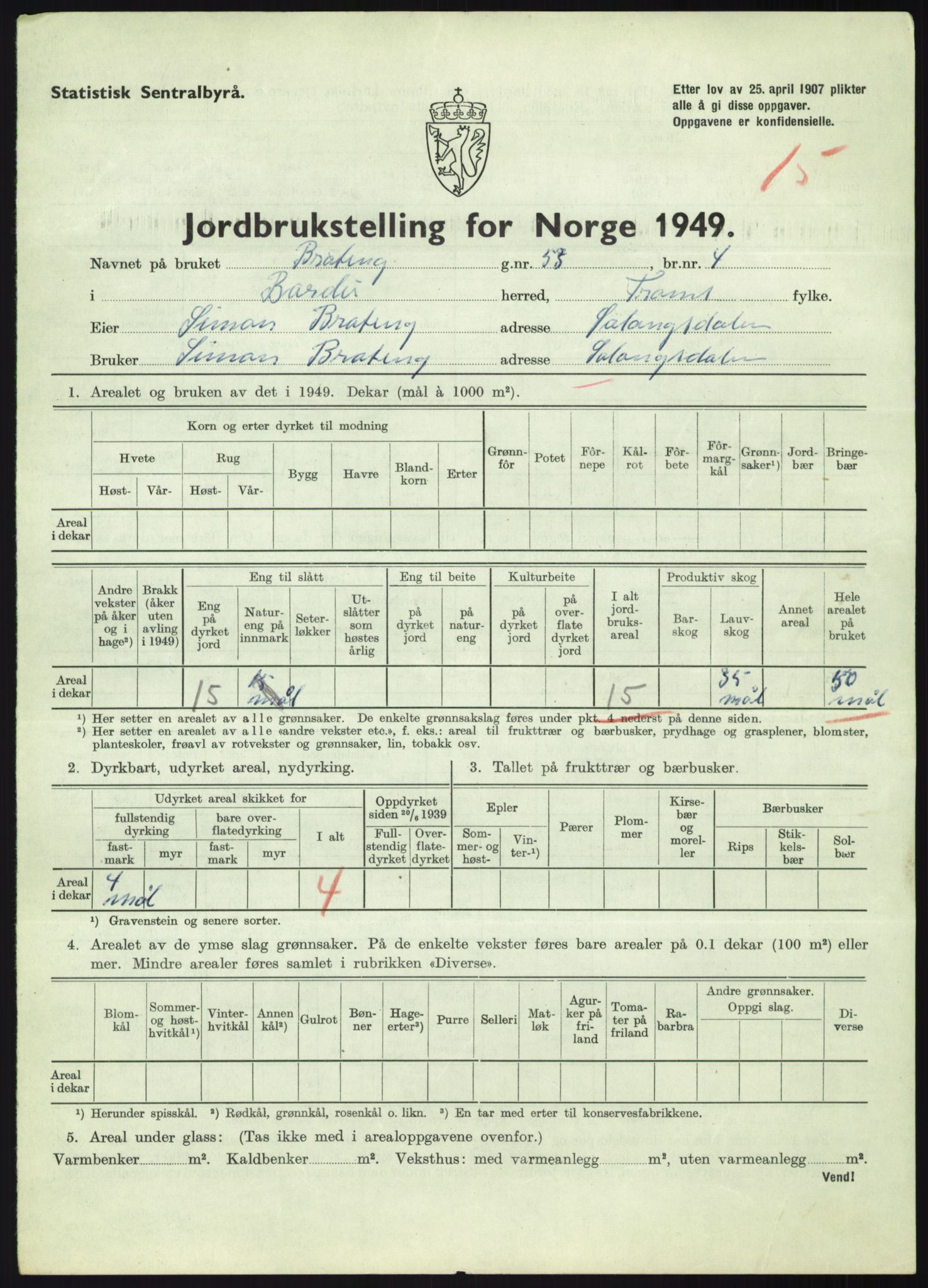 Statistisk sentralbyrå, Næringsøkonomiske emner, Jordbruk, skogbruk, jakt, fiske og fangst, AV/RA-S-2234/G/Gc/L0438: Troms: Salangen og Bardu, 1949, p. 1031