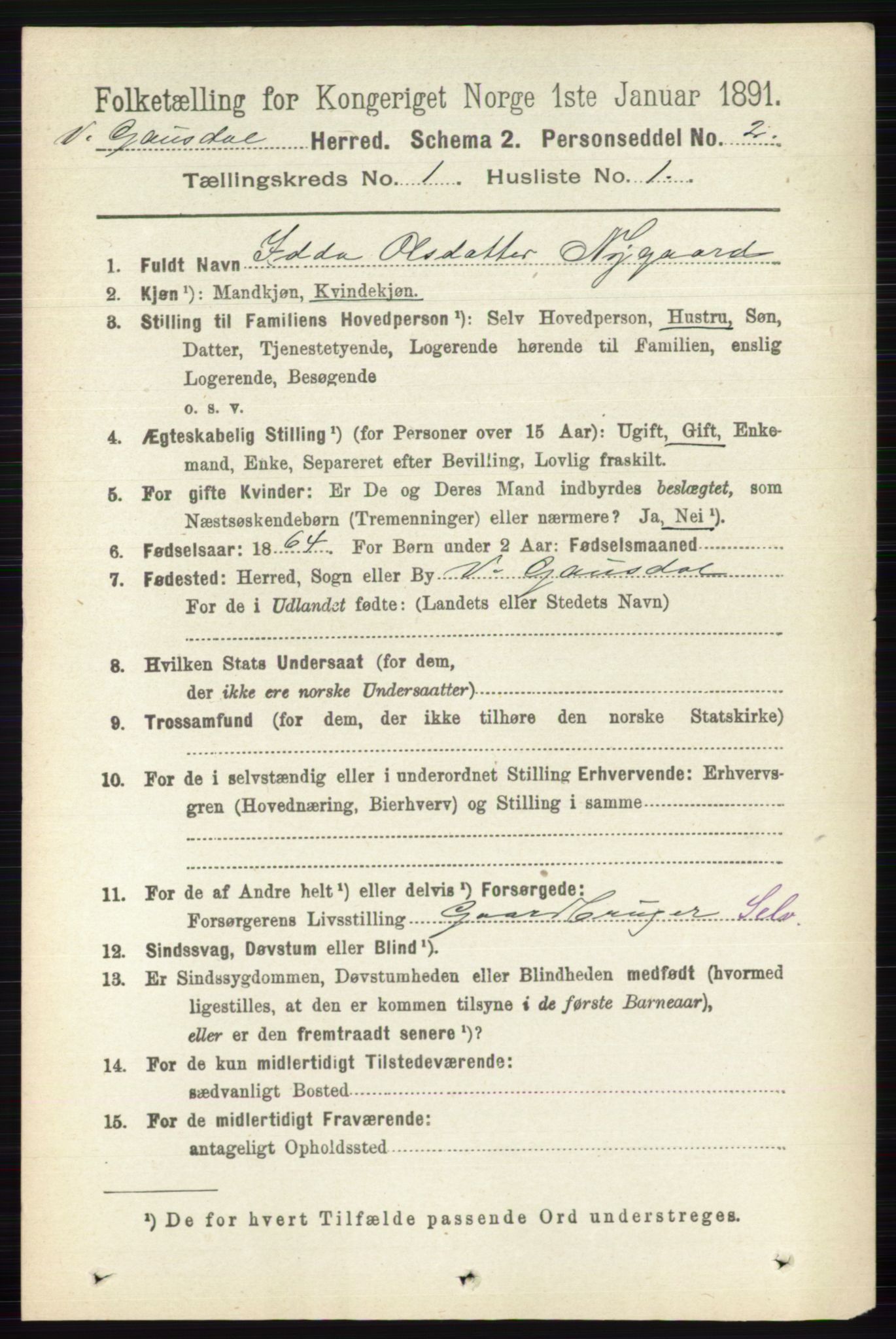 RA, 1891 census for 0523 Vestre Gausdal, 1891, p. 83