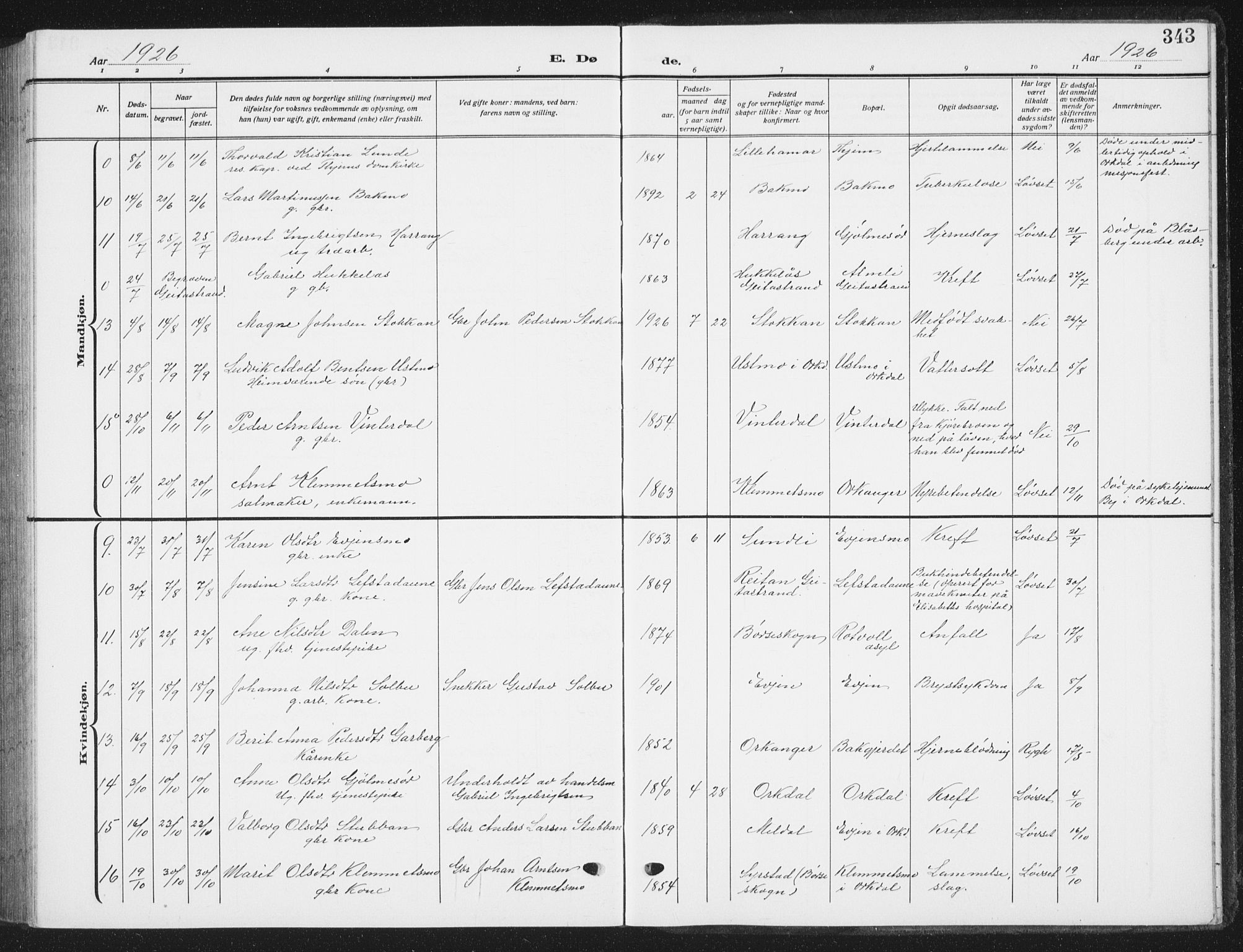 Ministerialprotokoller, klokkerbøker og fødselsregistre - Sør-Trøndelag, AV/SAT-A-1456/668/L0820: Parish register (copy) no. 668C09, 1912-1936, p. 343