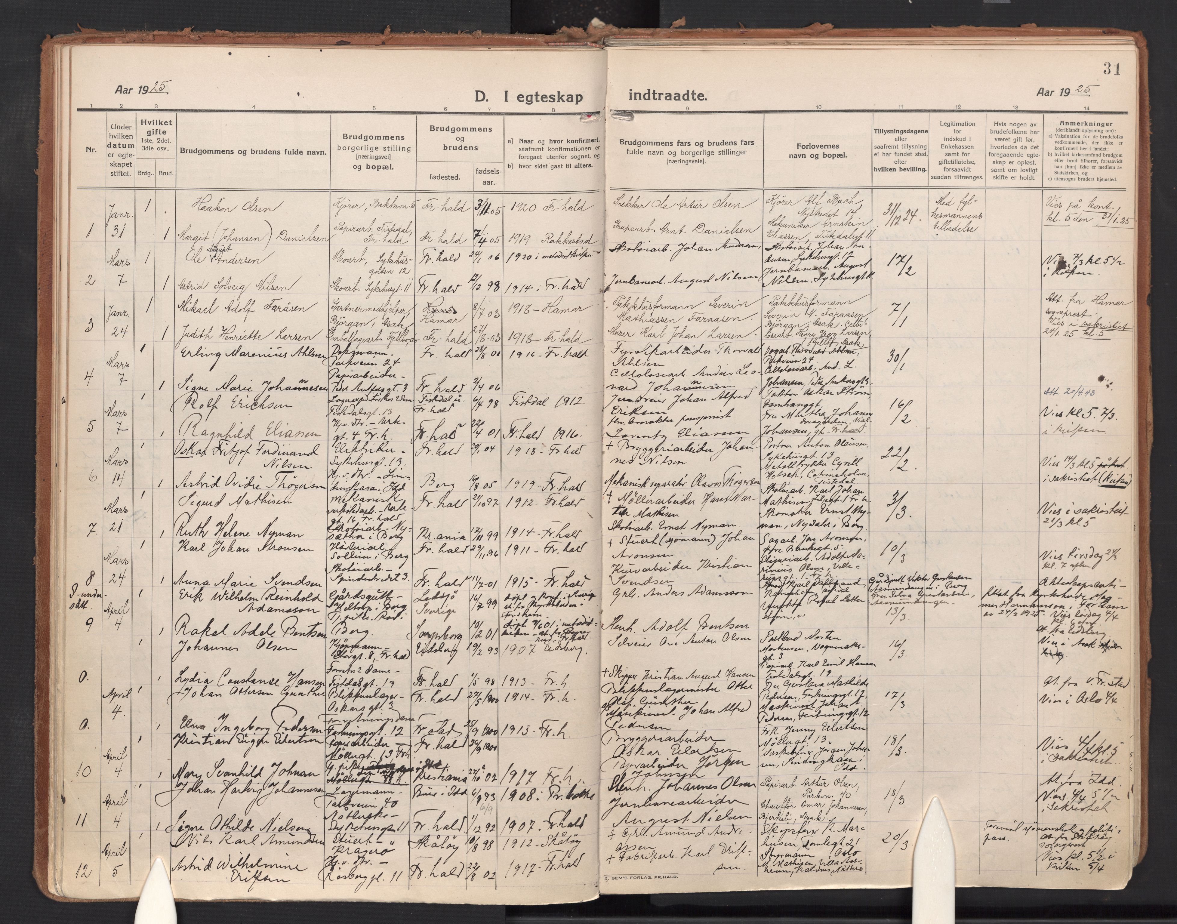 Halden prestekontor Kirkebøker, SAO/A-10909/F/Fa/L0017: Parish register (official) no. I 17, 1921-1945, p. 31
