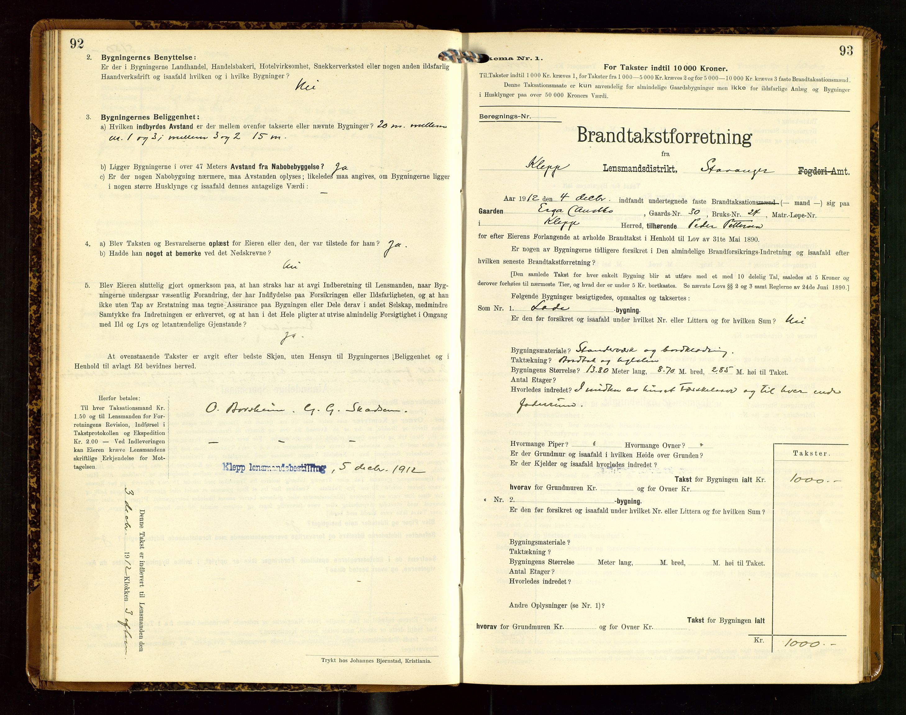 Klepp lensmannskontor, AV/SAST-A-100163/Goc/L0007: "Brandtaxationsprotokol" m/register, 1911-1915, p. 92-93