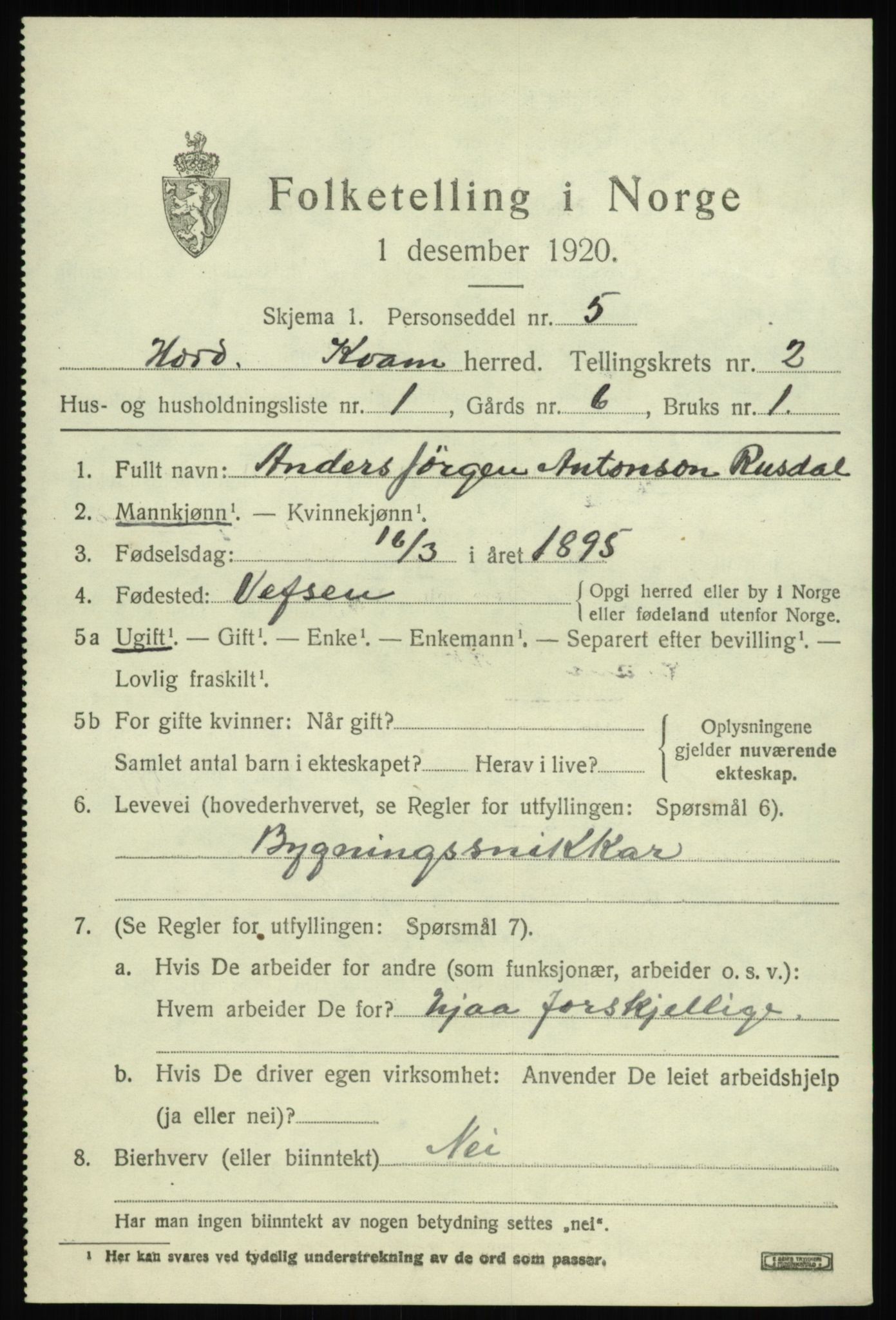 SAB, 1920 census for Kvam, 1920, p. 1795