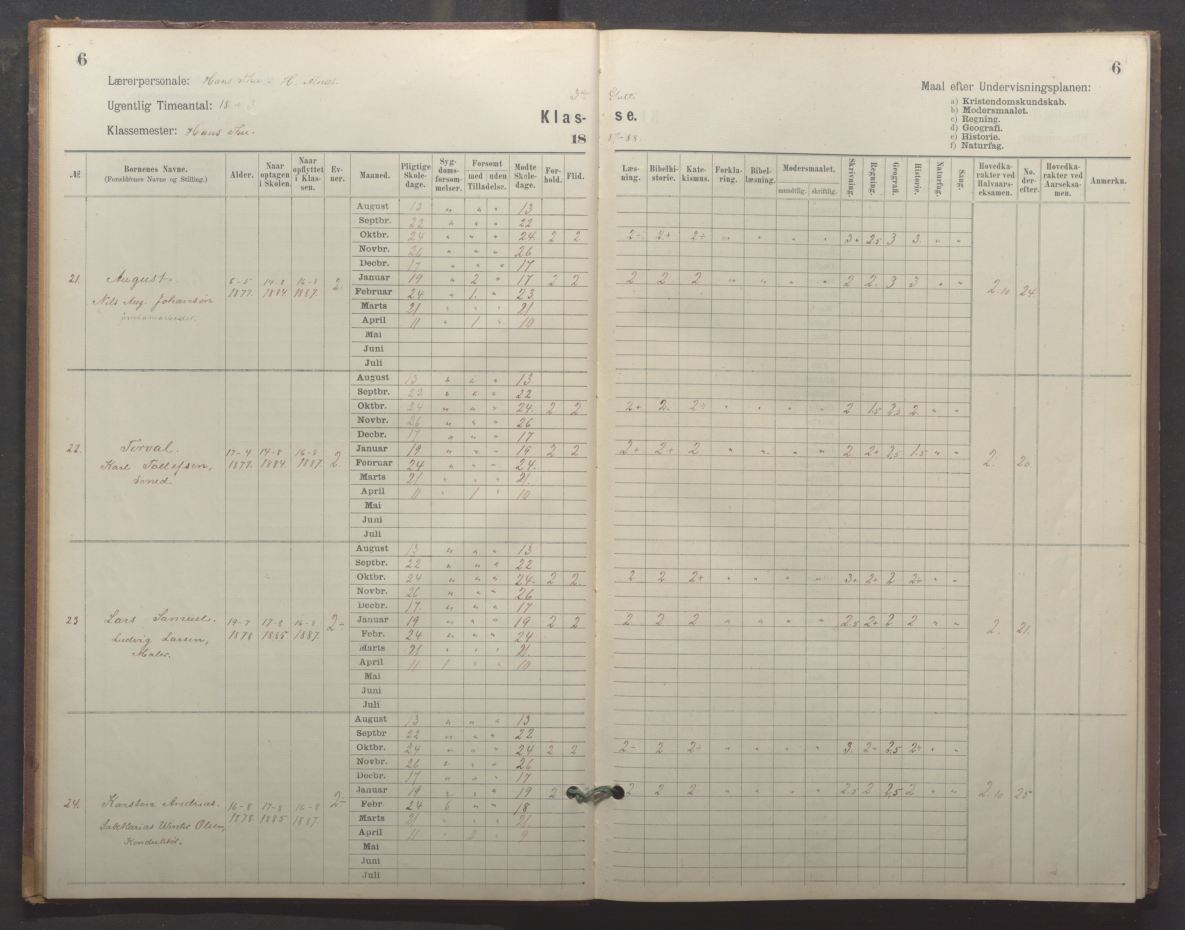 Egersund kommune (Ladested) - Egersund almueskole/folkeskole, IKAR/K-100521/H/L0024: Skoleprotokoll - Almueskolen, 3. klasse, 1887-1892, p. 6