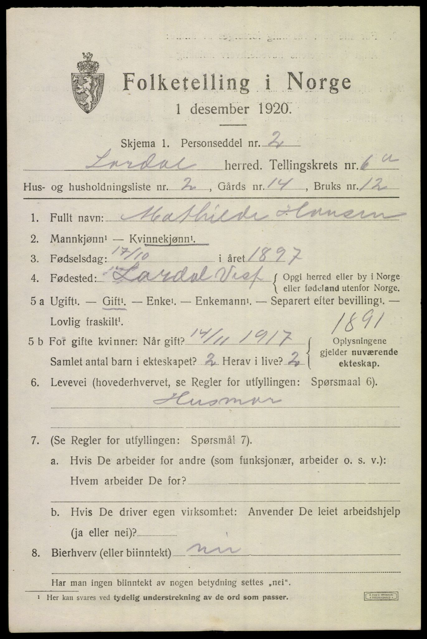 SAKO, 1920 census for Lardal, 1920, p. 5559