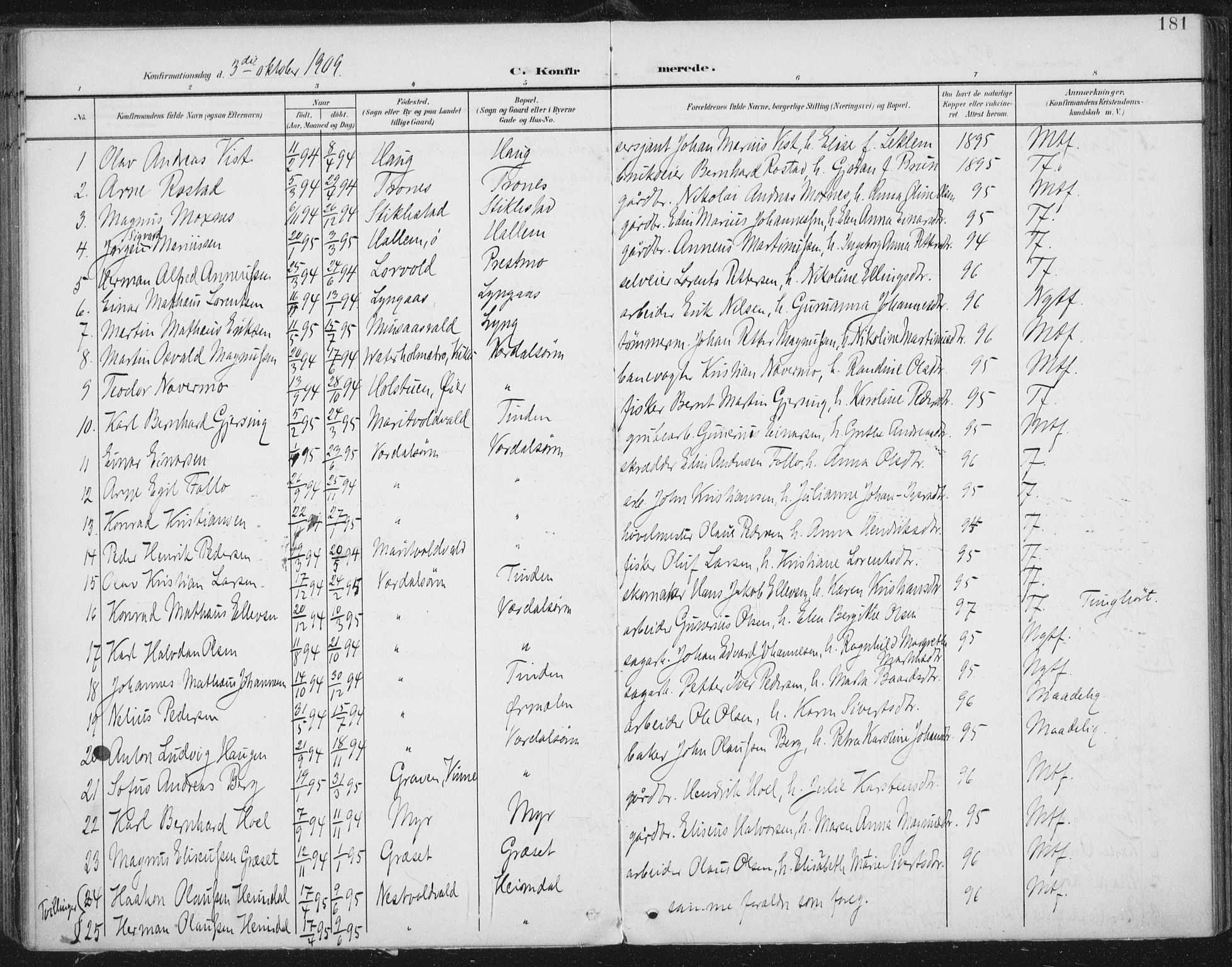 Ministerialprotokoller, klokkerbøker og fødselsregistre - Nord-Trøndelag, SAT/A-1458/723/L0246: Parish register (official) no. 723A15, 1900-1917, p. 181