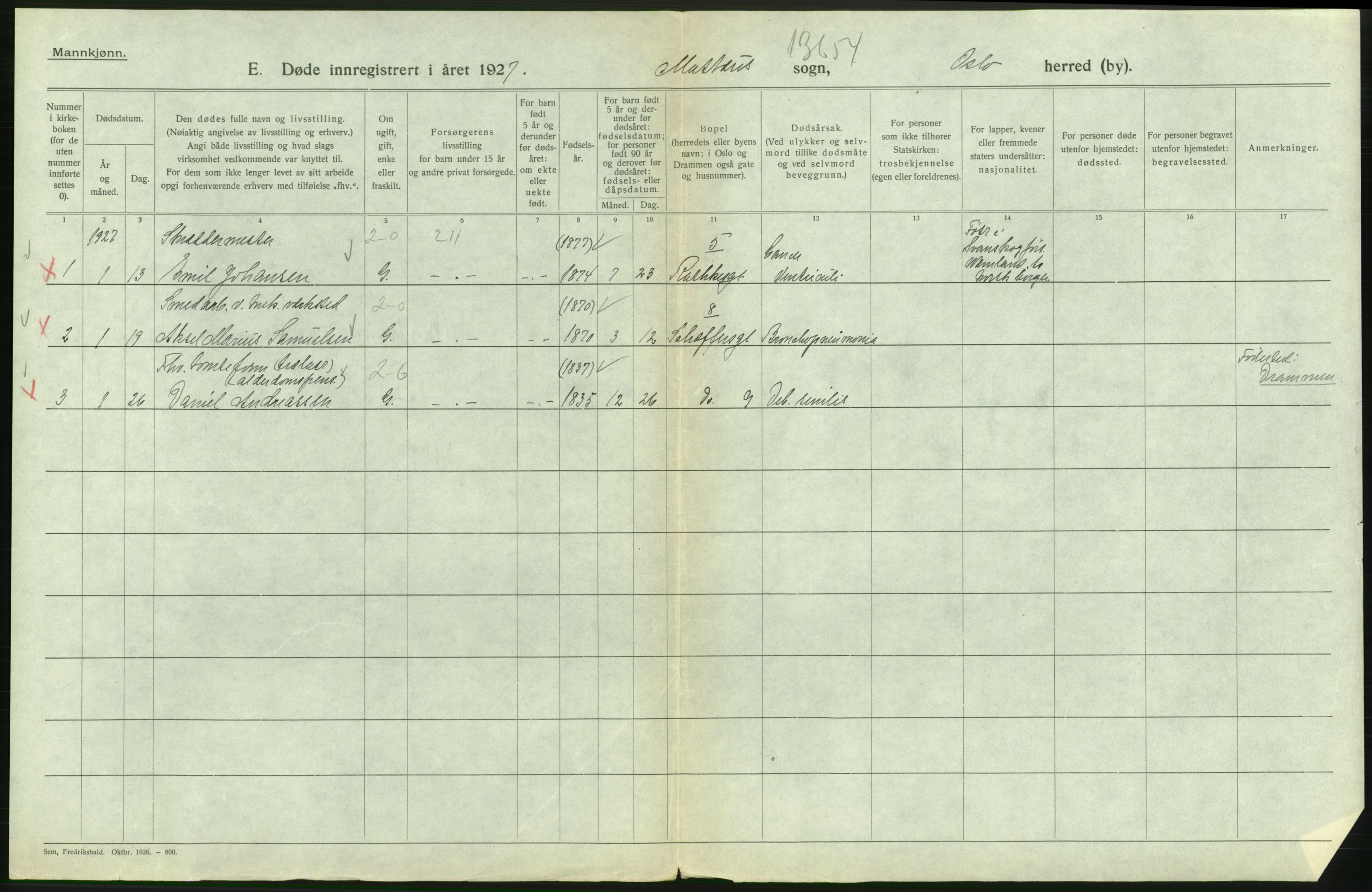 Statistisk sentralbyrå, Sosiodemografiske emner, Befolkning, RA/S-2228/D/Df/Dfc/Dfcg/L0009: Oslo: Døde menn, 1927, p. 302