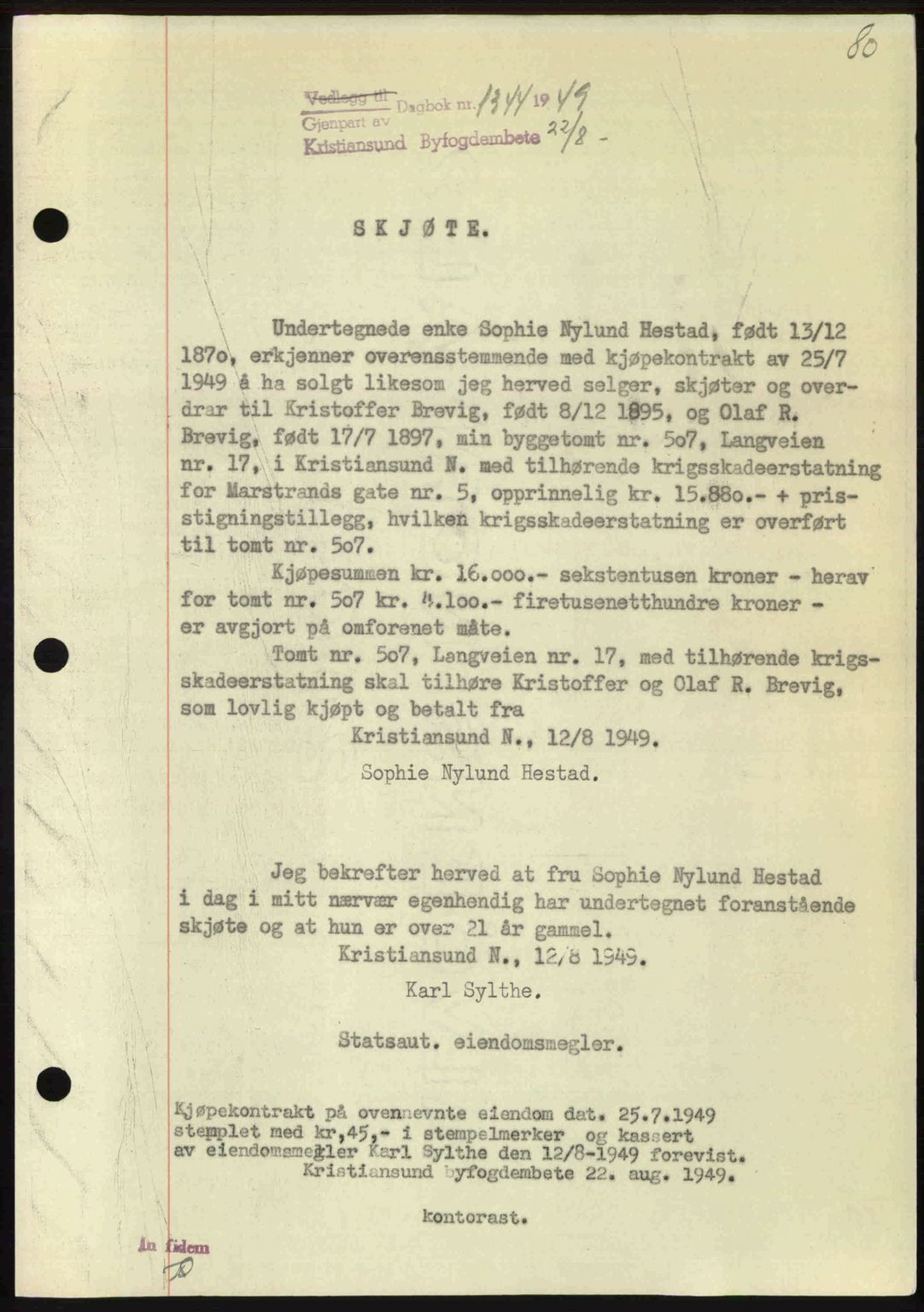 Kristiansund byfogd, AV/SAT-A-4587/A/27: Mortgage book no. 46, 1949-1950, Diary no: : 1344/1949