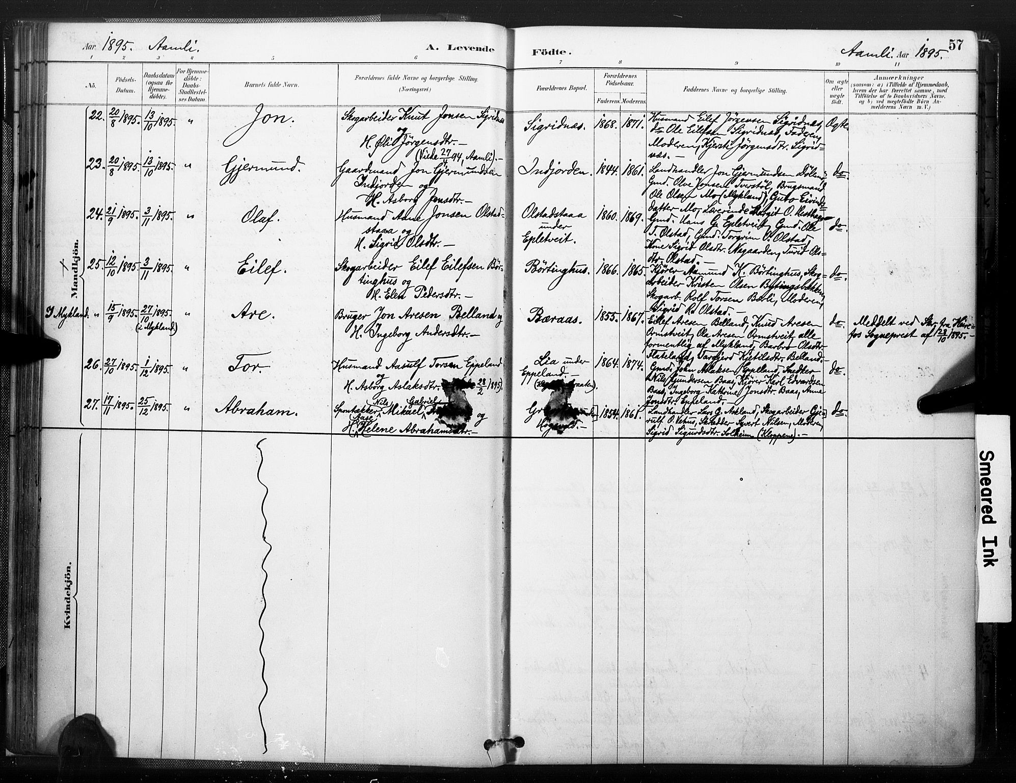 Åmli sokneprestkontor, SAK/1111-0050/F/Fa/Fac/L0010: Parish register (official) no. A 10 /1, 1885-1899, p. 57
