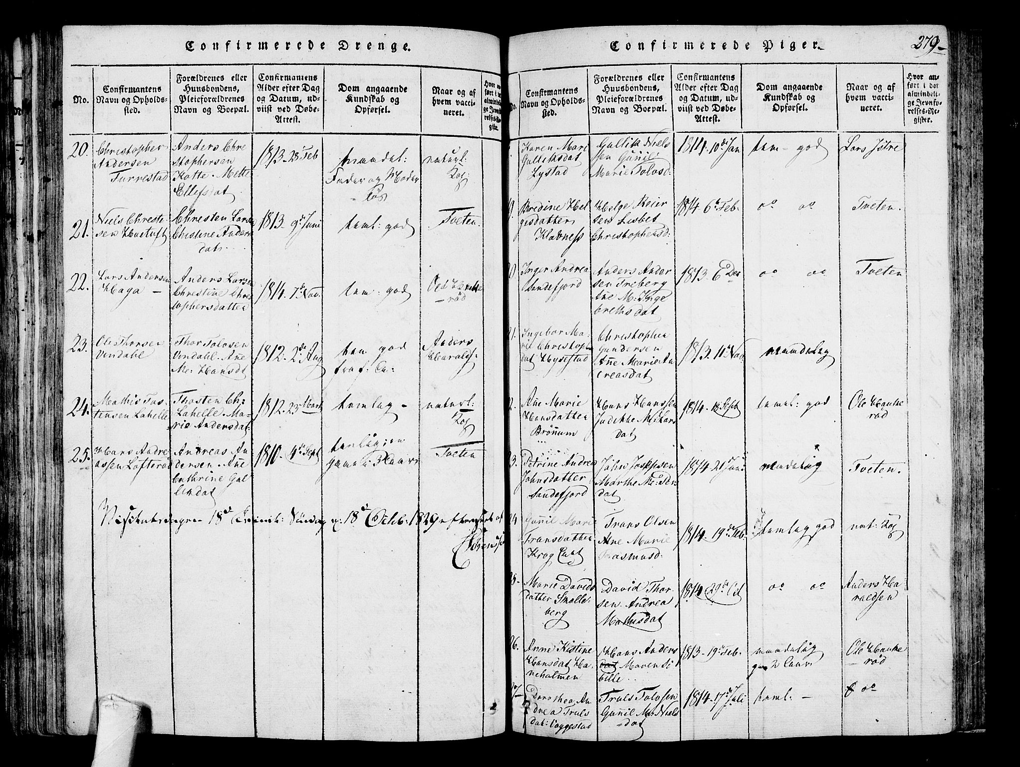 Sandar kirkebøker, SAKO/A-243/F/Fa/L0004: Parish register (official) no. 4, 1814-1832, p. 279