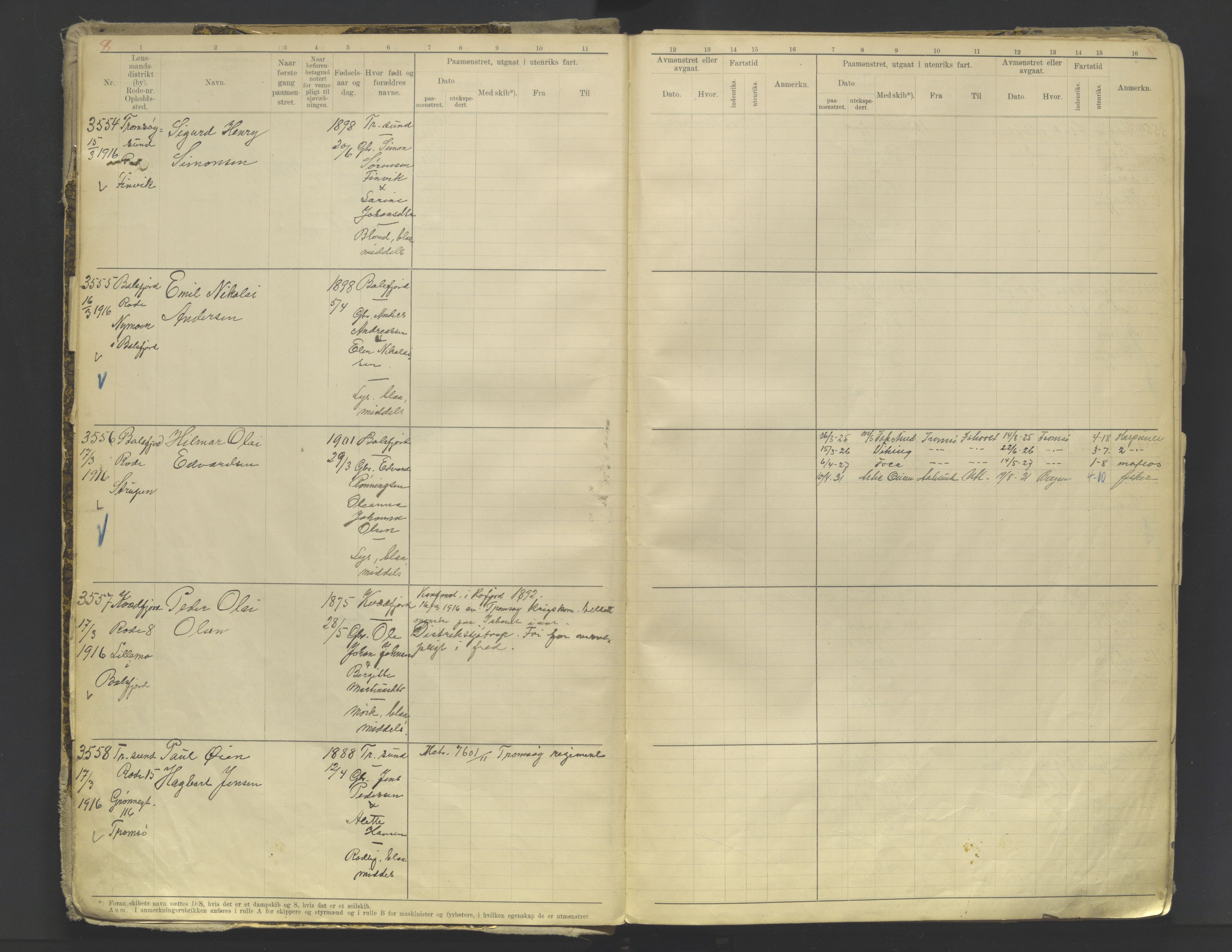 Tromsø sjømannskontor/innrullerings-/mønstringsdistrikt, AV/SATØ-S-0243/F/Fb/L0010: Annotasjonsrulle. Defekt: løs innbinding. Nr. 3519-4972, 1916-1920