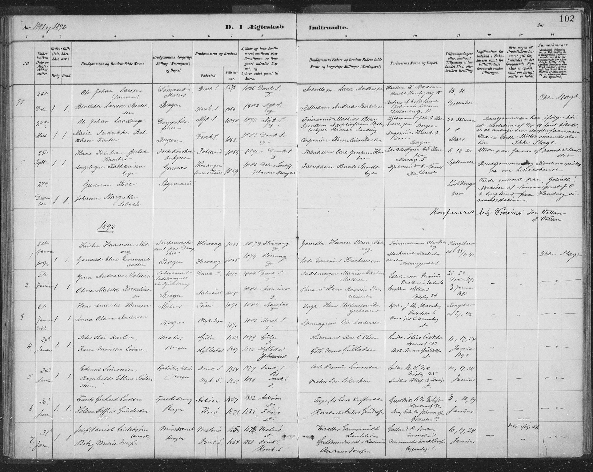 Domkirken sokneprestembete, SAB/A-74801/H/Hab/L0032: Parish register (copy) no. D 4, 1880-1907, p. 102