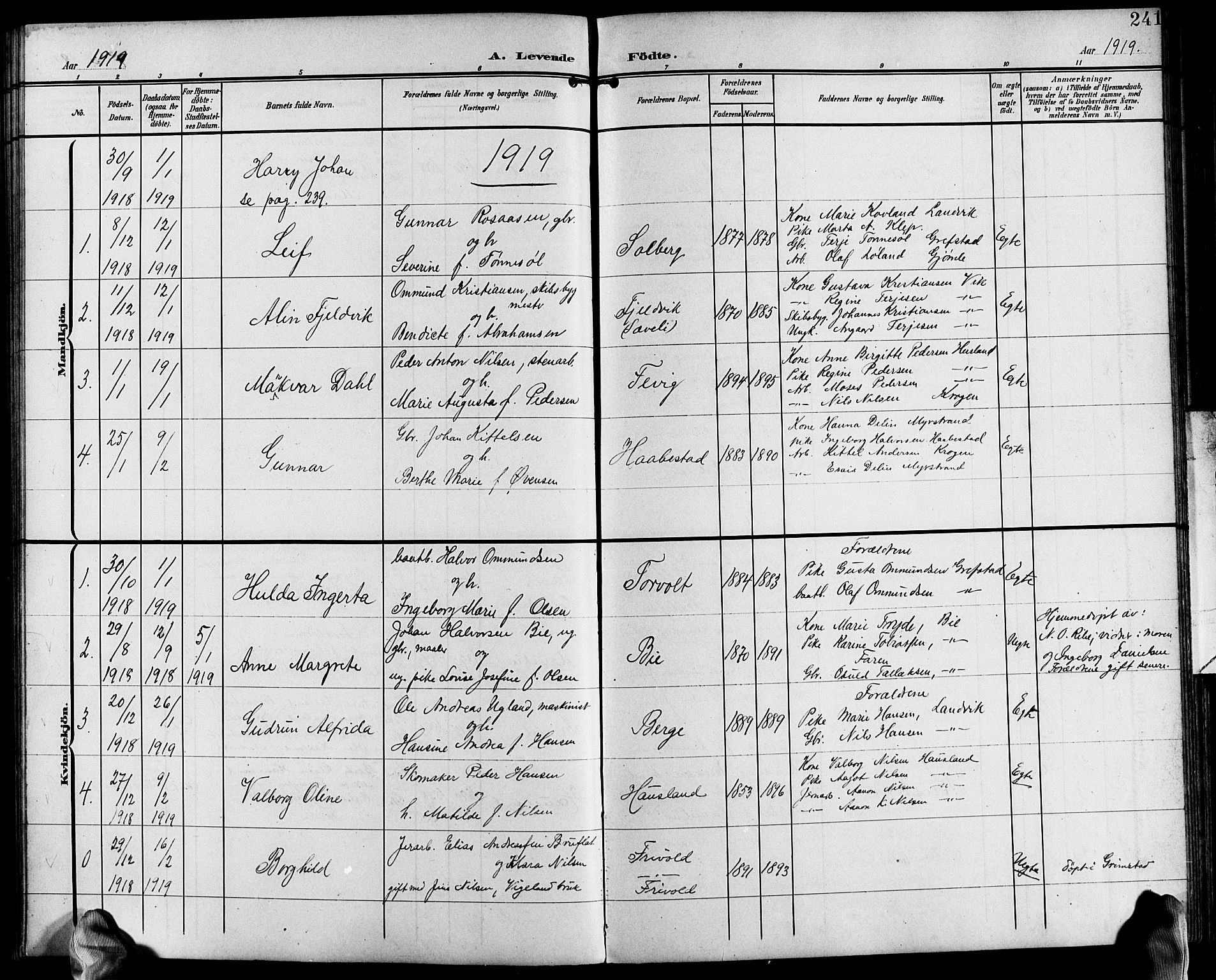 Fjære sokneprestkontor, SAK/1111-0011/F/Fb/L0012: Parish register (copy) no. B 12, 1902-1925, p. 241